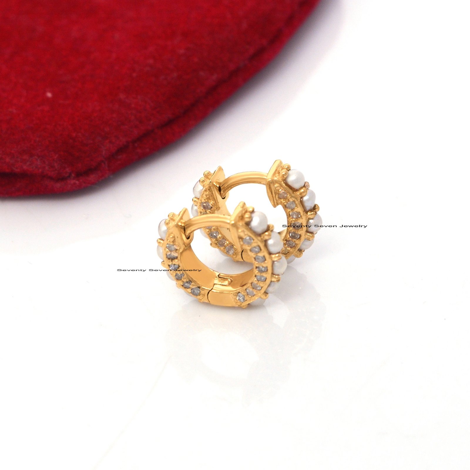 14K Gold Diamond Huggies: Pearl Hoop Earrings - View 3 - Seventy Seven Jewelry | SKU: SSMJE333-14KYGDIPL-2026 14K Gold Diamond Huggies: Pearl Hoop Earrings - View 3 - Seventy Seven Jewelry | SKU: SSMJE333-14KYGDIPL-2026
