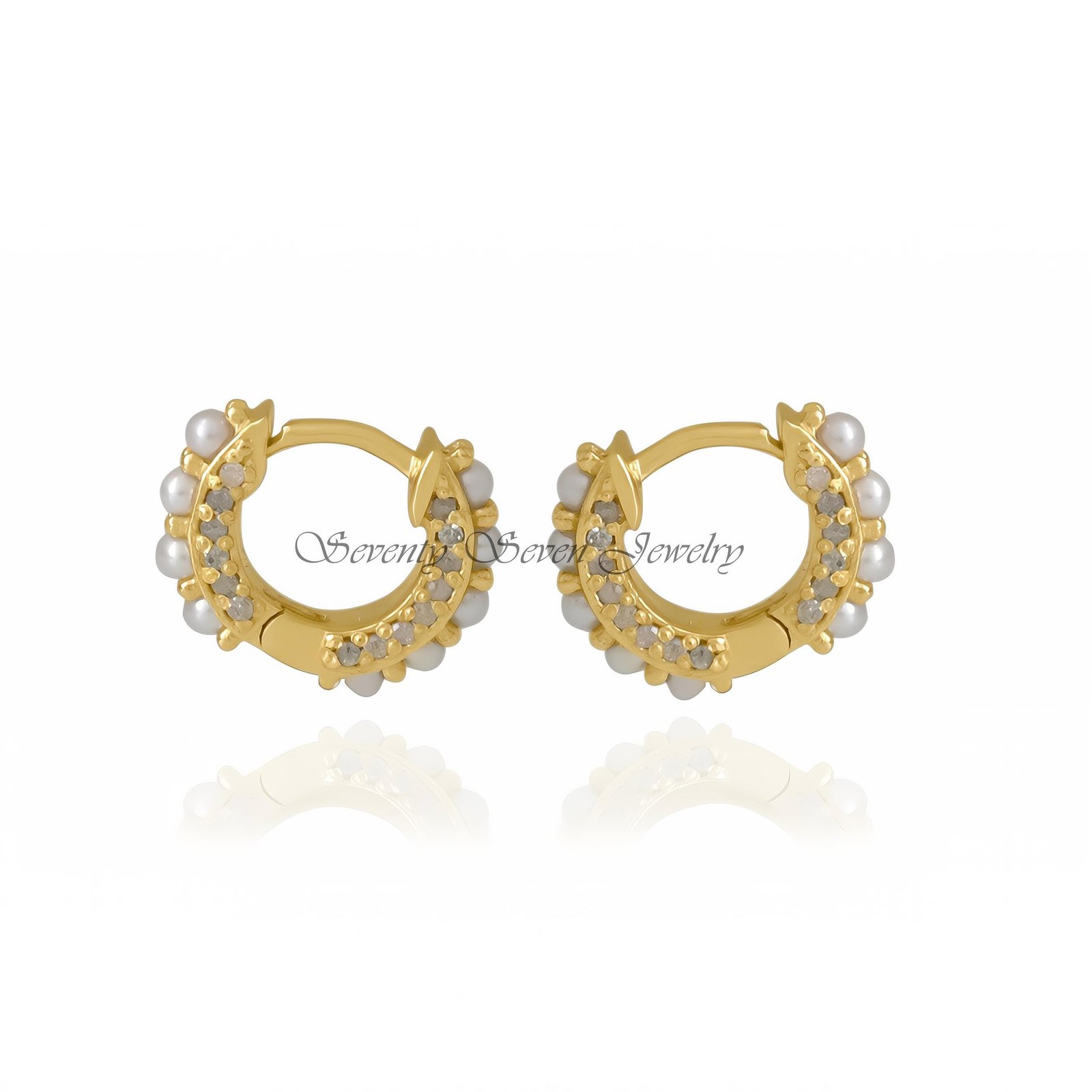 14K Gold Diamond Huggies: Pearl Hoop Earrings - View 5 - Seventy Seven Jewelry | SKU: SSMJE333-14KYGDIPL-2026 14K Gold Diamond Huggies: Pearl Hoop Earrings - View 5 - Seventy Seven Jewelry | SKU: SSMJE333-14KYGDIPL-2026