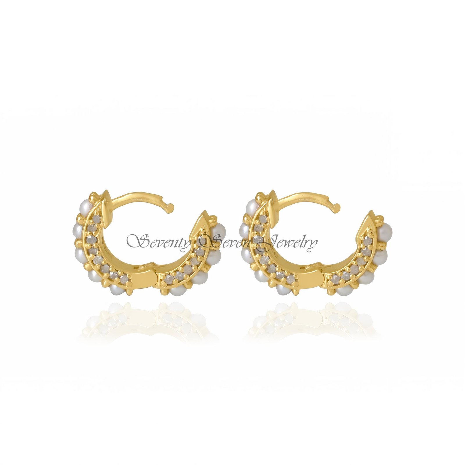 14K Gold Diamond Huggies: Pearl Hoop Earrings - View 6 - Seventy Seven Jewelry | SKU: SSMJE333-14KYGDIPL-2026 14K Gold Diamond Huggies: Pearl Hoop Earrings - View 6 - Seventy Seven Jewelry | SKU: SSMJE333-14KYGDIPL-2026