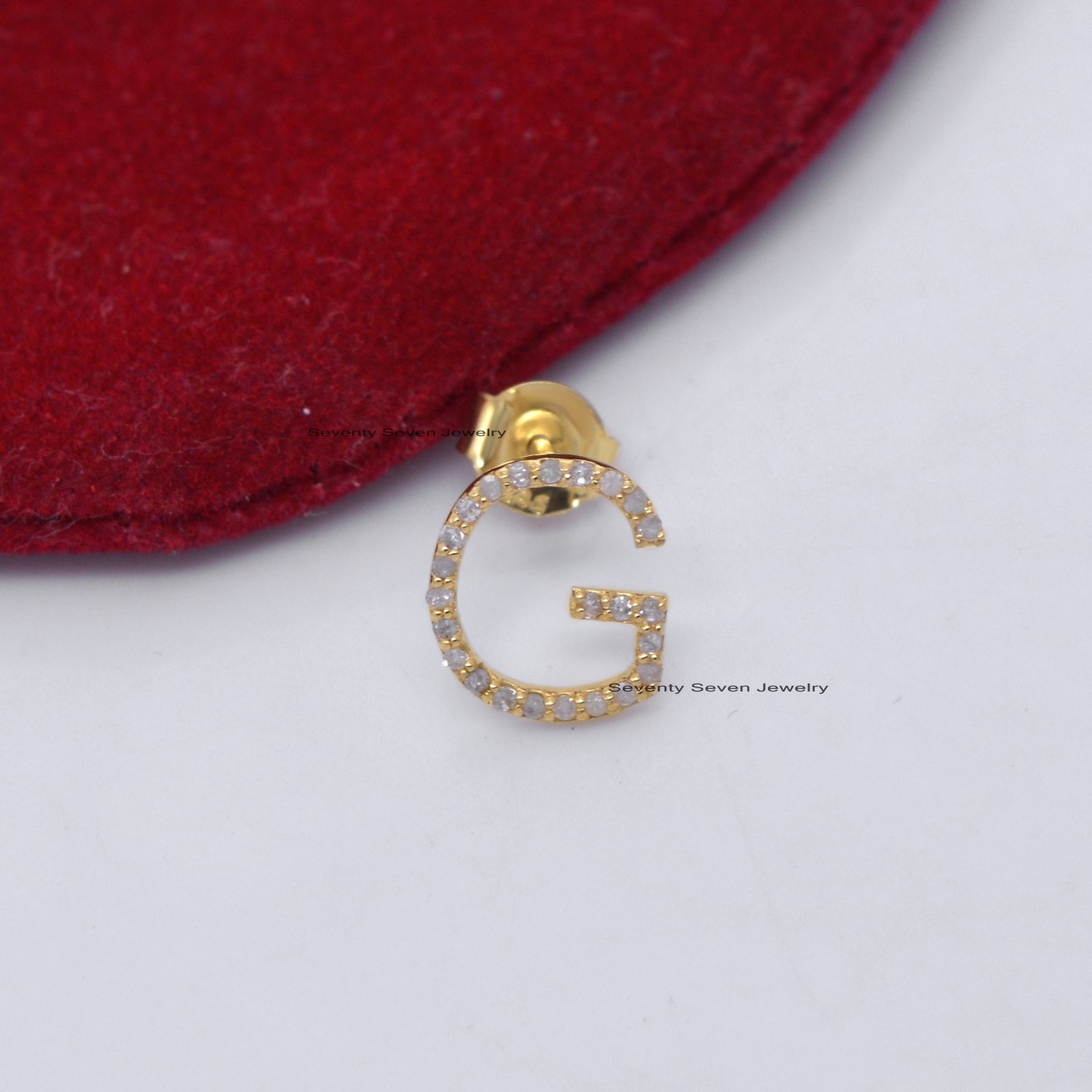 14K Gold Diamond Initial Stud Earrings: Pave Letter Studs - View 4 - Seventy Seven Jewelry | SKU: SSMJE323A-14KYGDI-V-25-07-2 14K Gold Diamond Initial Stud Earrings: Pave Letter Studs - View 4 - Seventy Seven Jewelry | SKU: SSMJE323A-14KYGDI-V-25-07-2