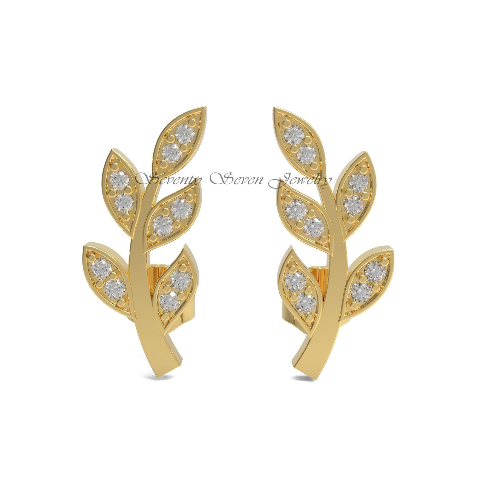 14K Gold Diamond Leaf Drop Earrings, Bridal Jewelry, Traditional Design, Sparkling Lab-Created Gemstones - Seventy Seven Jewe 14K Gold Diamond Leaf Drop Earrings, Bridal Jewelry, Traditional Design, Sparkling Lab-Created Gemstones - Seventy Seven Jewe