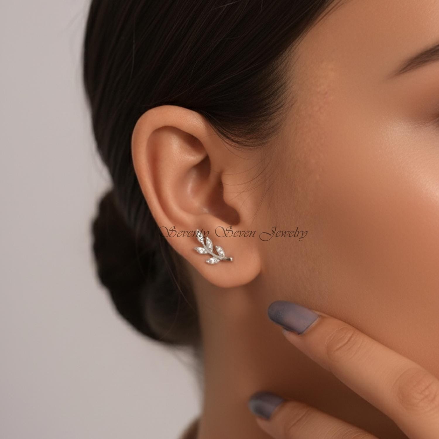 14K Gold Diamond Leaf Drop Earrings, Bridal Jewelry, Traditional Design, Sparkling Lab-Created Gemstones - View 3 - Seventy S 14K Gold Diamond Leaf Drop Earrings, Bridal Jewelry, Traditional Design, Sparkling Lab-Created Gemstones - View 3 - Seventy S