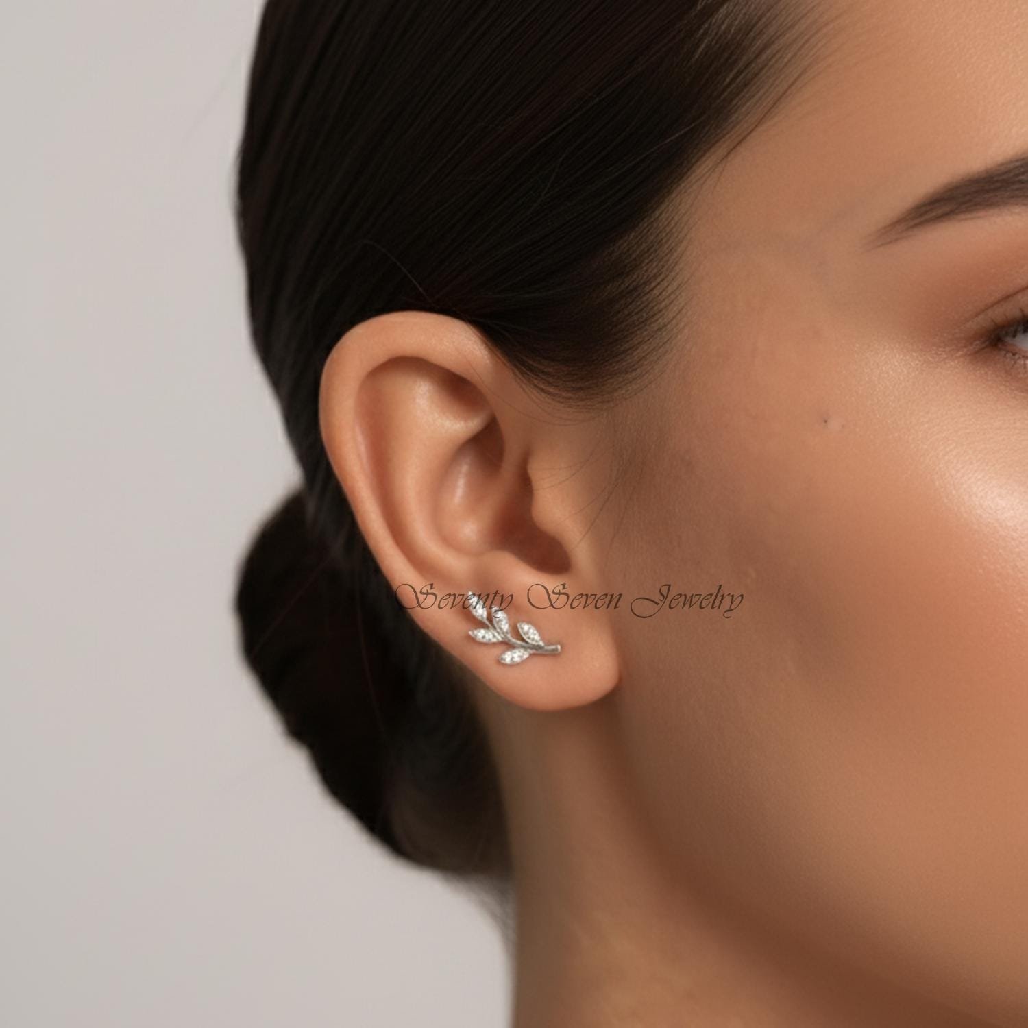 14K Gold Diamond Leaf Drop Earrings, Bridal Jewelry, Traditional Design, Sparkling Lab-Created Gemstones - View 4 - Seventy S 14K Gold Diamond Leaf Drop Earrings, Bridal Jewelry, Traditional Design, Sparkling Lab-Created Gemstones - View 4 - Seventy S