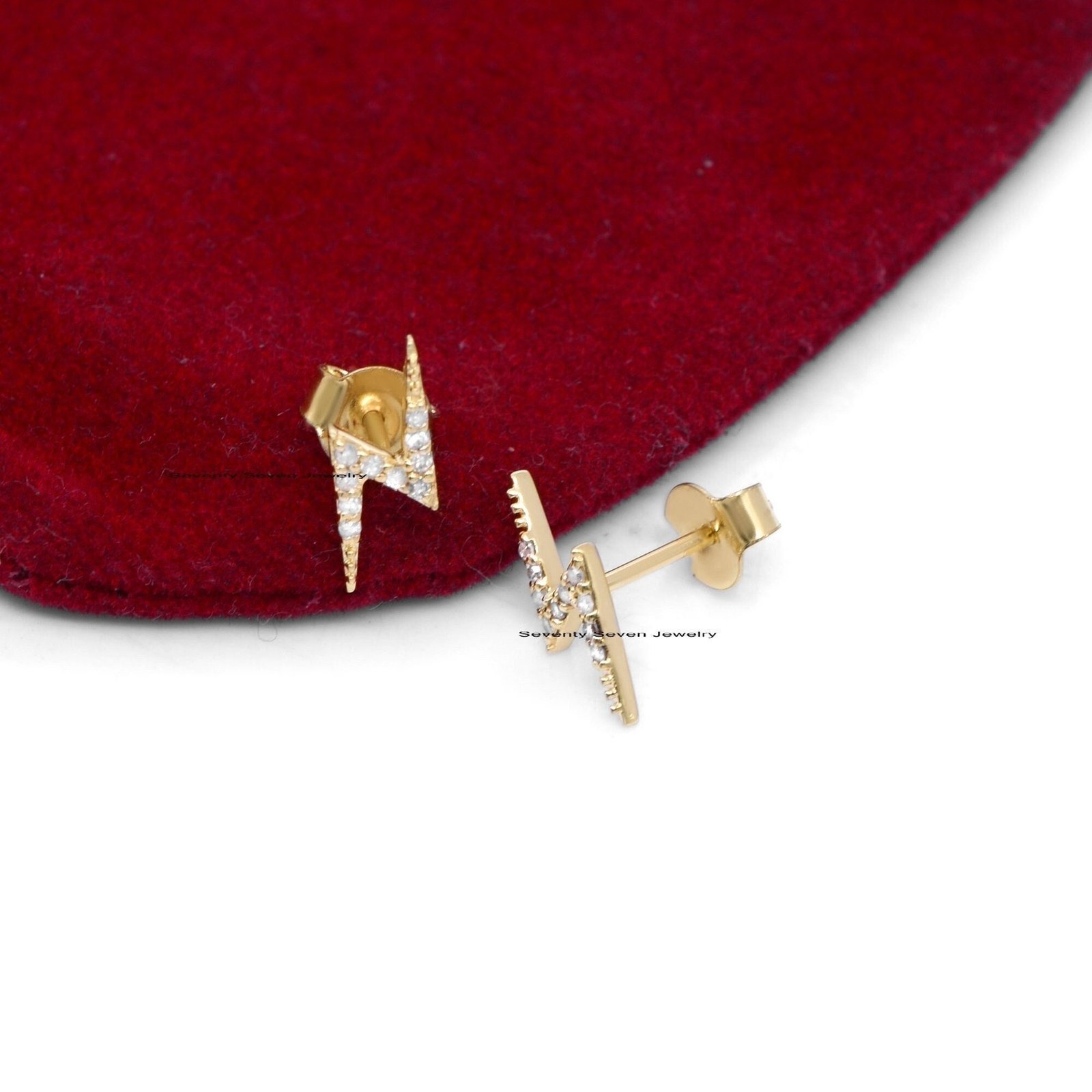 14K Gold Diamond Lightning Bolt Studs: Zig-Zag Earrings - View 2 - Seventy Seven Jewelry | SKU: SSMJE379-14KYGDI-2026 14K Gold Diamond Lightning Bolt Studs: Zig-Zag Earrings - View 2 - Seventy Seven Jewelry | SKU: SSMJE379-14KYGDI-2026