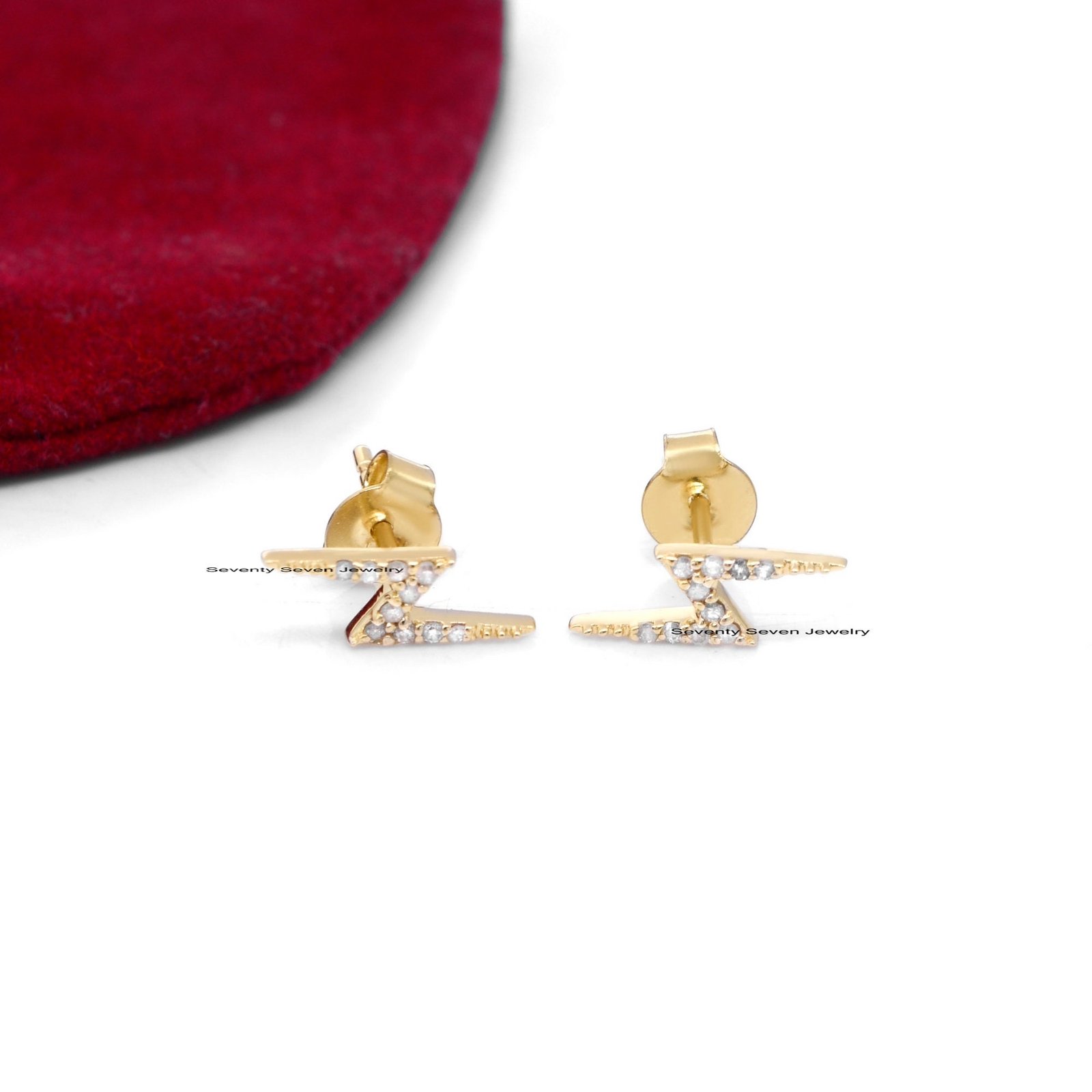 14K Gold Diamond Lightning Bolt Studs: Zig-Zag Earrings - View 6 - Seventy Seven Jewelry | SKU: SSMJE379-14KYGDI-2026 14K Gold Diamond Lightning Bolt Studs: Zig-Zag Earrings - View 6 - Seventy Seven Jewelry | SKU: SSMJE379-14KYGDI-2026