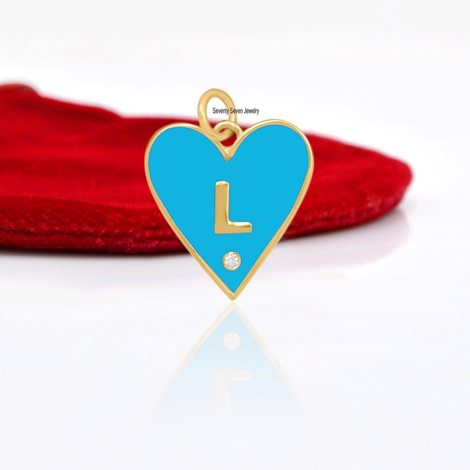 14k Gold Enamel Heart Pendant: Diamond Alphabet Charm - Seventy Seven Jewelry | SKU: SSMJP500-14KYGBKELDI-2026 14k Gold Enamel Heart Pendant: Diamond Alphabet Charm - Seventy Seven Jewelry | SKU: SSMJP500-14KYGBKELDI-2026