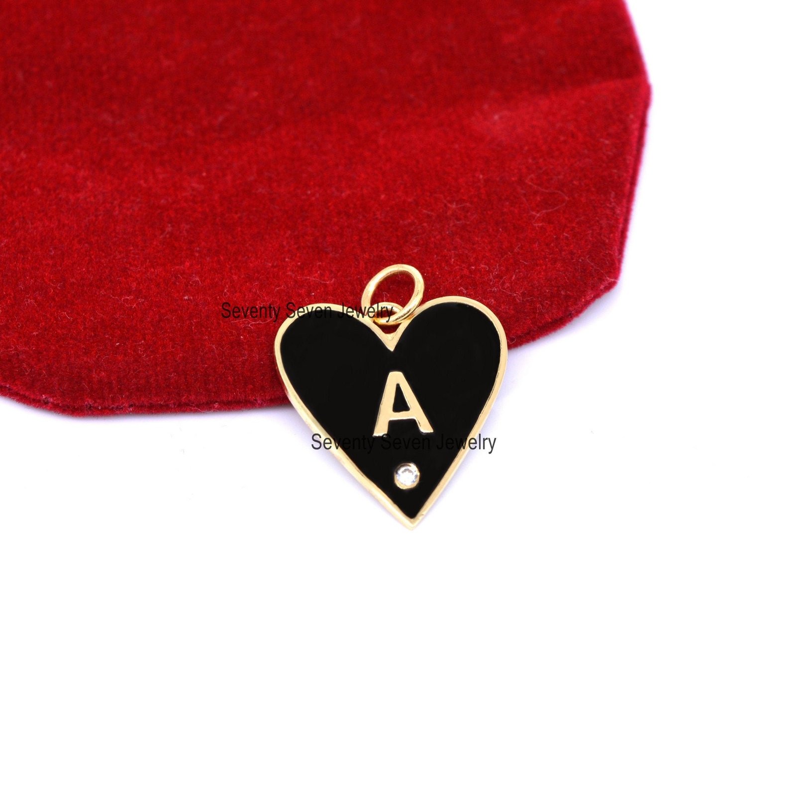 14k Gold Enamel Heart Pendant: Diamond Alphabet Charm - View 4 - Seventy Seven Jewelry | SKU: SSMJP500-14KYGBKELDI-2026 14k Gold Enamel Heart Pendant: Diamond Alphabet Charm - View 4 - Seventy Seven Jewelry | SKU: SSMJP500-14KYGBKELDI-2026