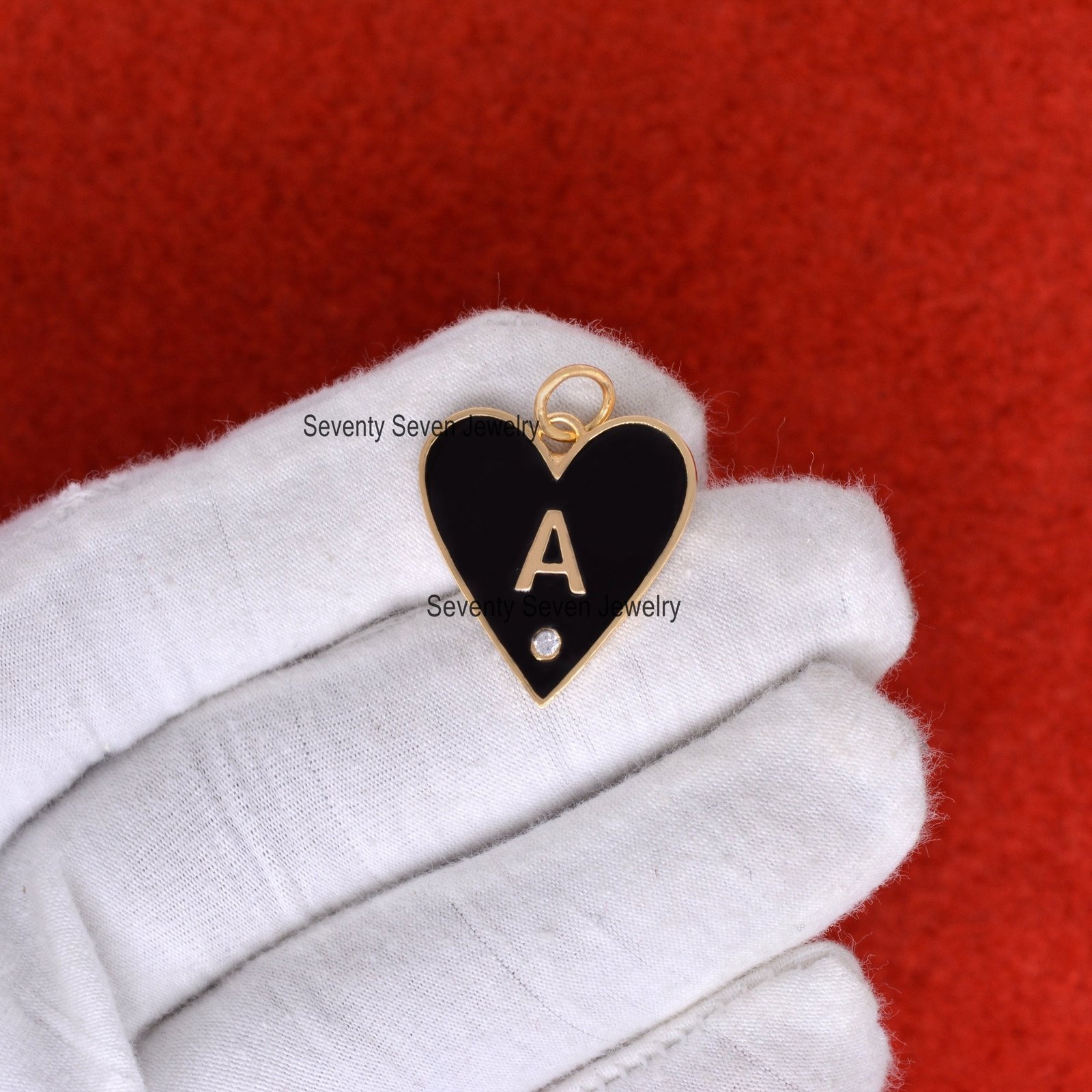 14k Gold Enamel Heart Pendant: Diamond Alphabet Charm - View 5 - Seventy Seven Jewelry | SKU: SSMJP500-14KYGBKELDI-2026 14k Gold Enamel Heart Pendant: Diamond Alphabet Charm - View 5 - Seventy Seven Jewelry | SKU: SSMJP500-14KYGBKELDI-2026