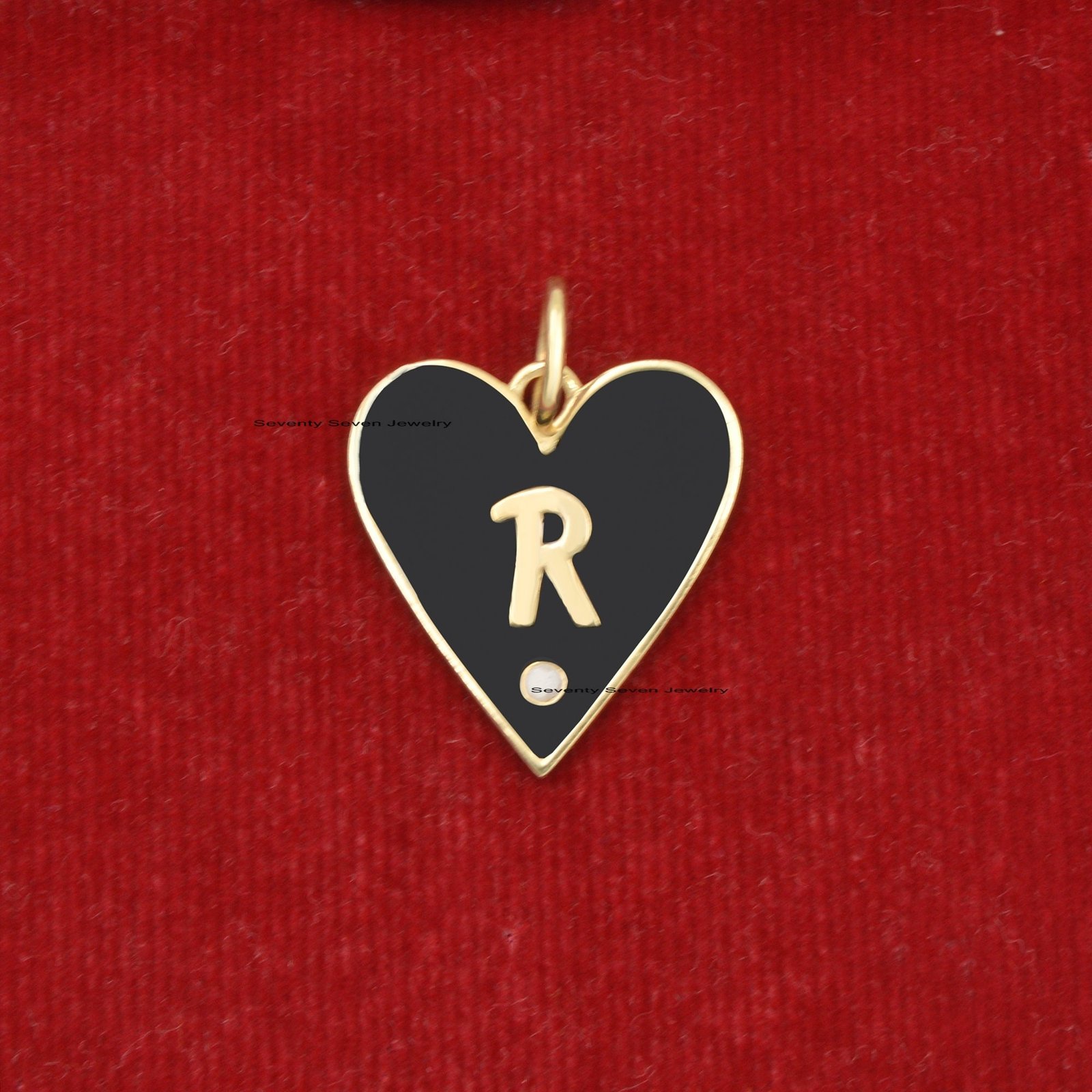 14k Gold Enamel Heart Pendant: Diamond Alphabet Charm - View 7 - Seventy Seven Jewelry | SKU: SSMJP500-14KYGBKELDI-2026 14k Gold Enamel Heart Pendant: Diamond Alphabet Charm - View 7 - Seventy Seven Jewelry | SKU: SSMJP500-14KYGBKELDI-2026