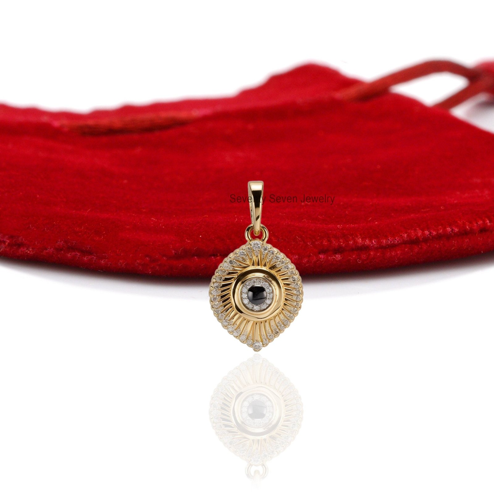 14K Gold Evil Eye Pendant: Moissanite & Black Spinel Protection - Seventy Seven Jewelry | SKU: SSMJP2513-14KYG-2026 14K Gold Evil Eye Pendant: Moissanite & Black Spinel Protection - Seventy Seven Jewelry | SKU: SSMJP2513-14KYG-2026
