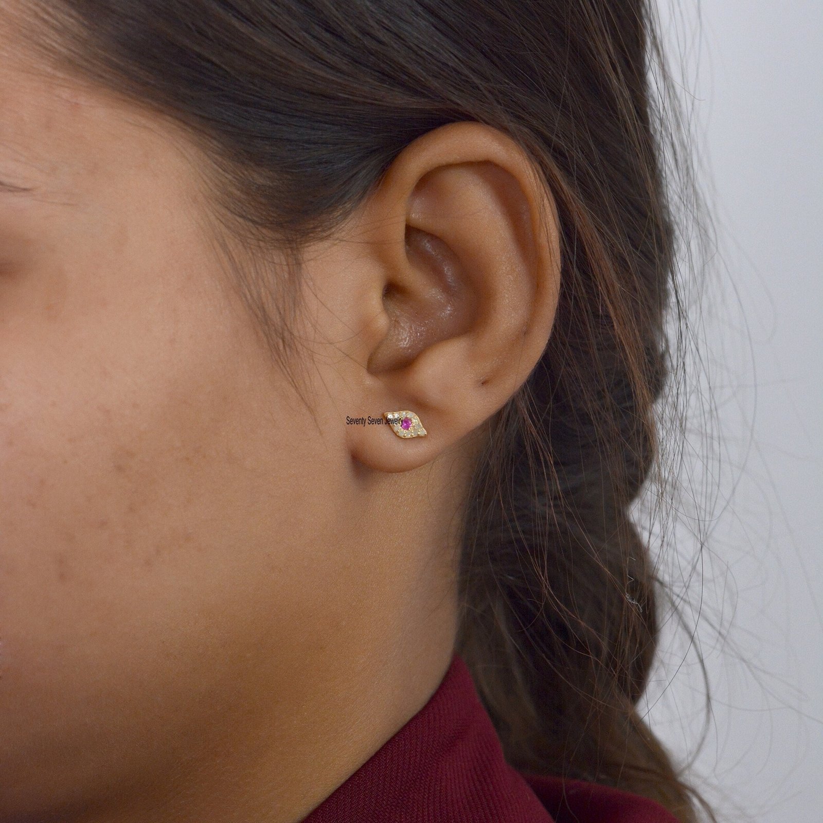 14k Gold Evil Eye Studs: Ruby & Diamond Goodluck Jewelry - Seventy Seven Jewelry | SKU: SSMJE310-14KYGDIRU-2026 14k Gold Evil Eye Studs: Ruby & Diamond Goodluck Jewelry - Seventy Seven Jewelry | SKU: SSMJE310-14KYGDIRU-2026