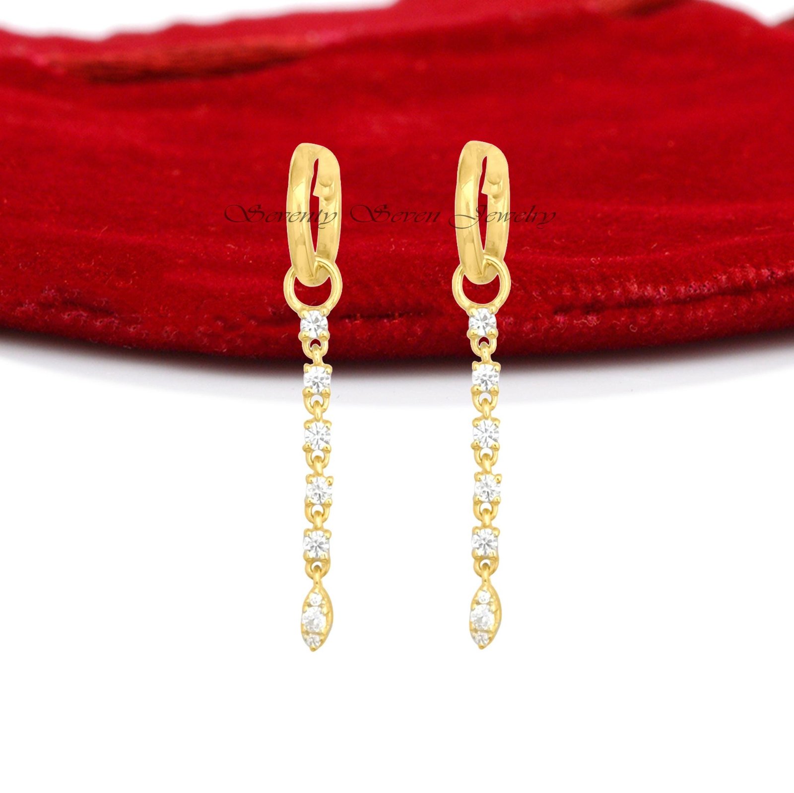 14K Gold Gemstone Drop Dangle Earrings, Thin Huggie Hoop Dangles Moissanite, Jewelry Gift Option - Seventy Seven Jewelry | SK 14K Gold Gemstone Drop Dangle Earrings, Thin Huggie Hoop Dangles Moissanite, Jewelry Gift Option - Seventy Seven Jewelry | SK