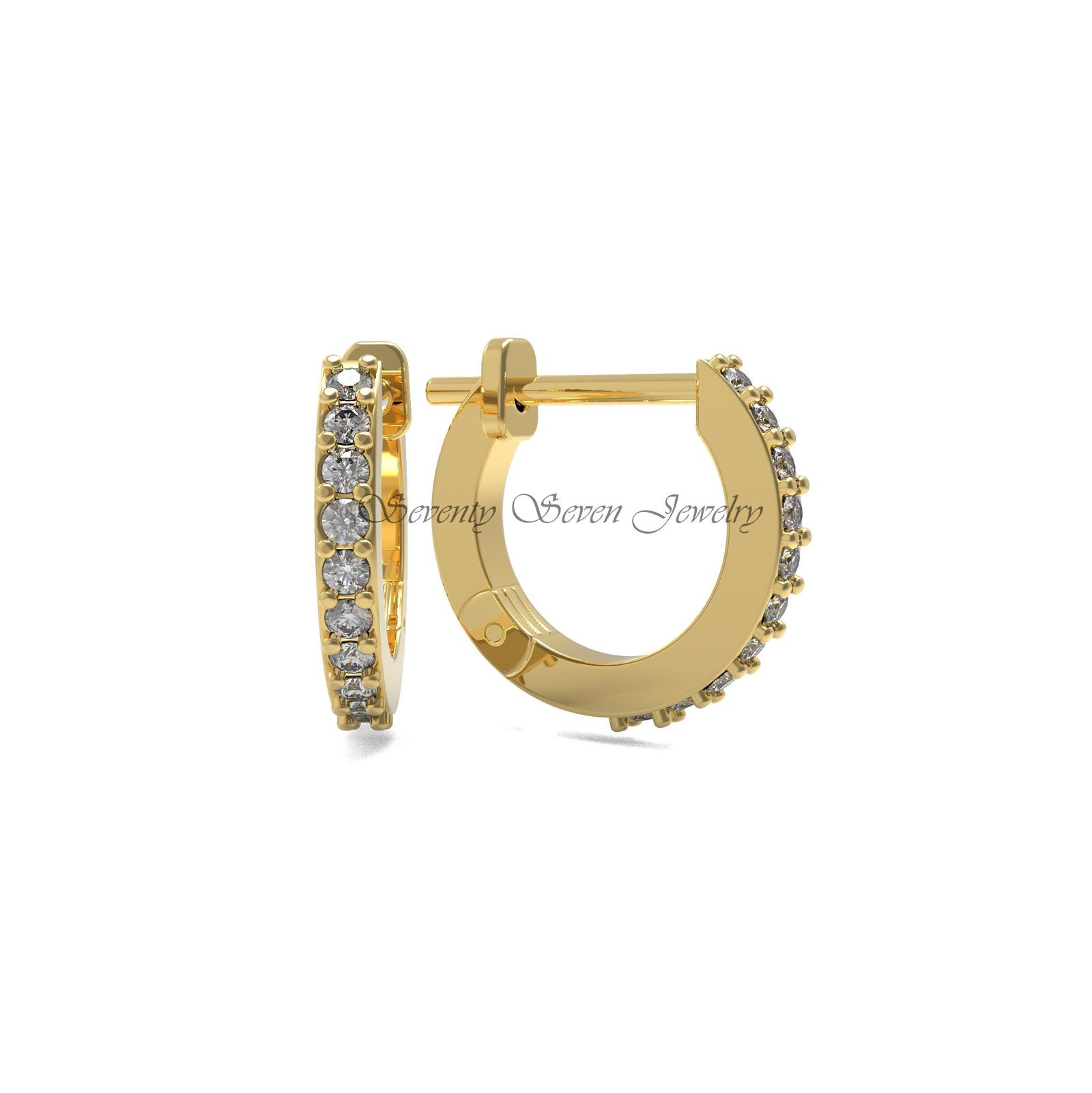 14K Gold Huggie Hoop Earrings with Diamonds: Dainty Solid Huggies 10MM - Seventy Seven Jewelry | SKU: SSMJE66- 14K Gold Huggie Hoop Earrings with Diamonds: Dainty Solid Huggies 10MM - Seventy Seven Jewelry | SKU: SSMJE66-