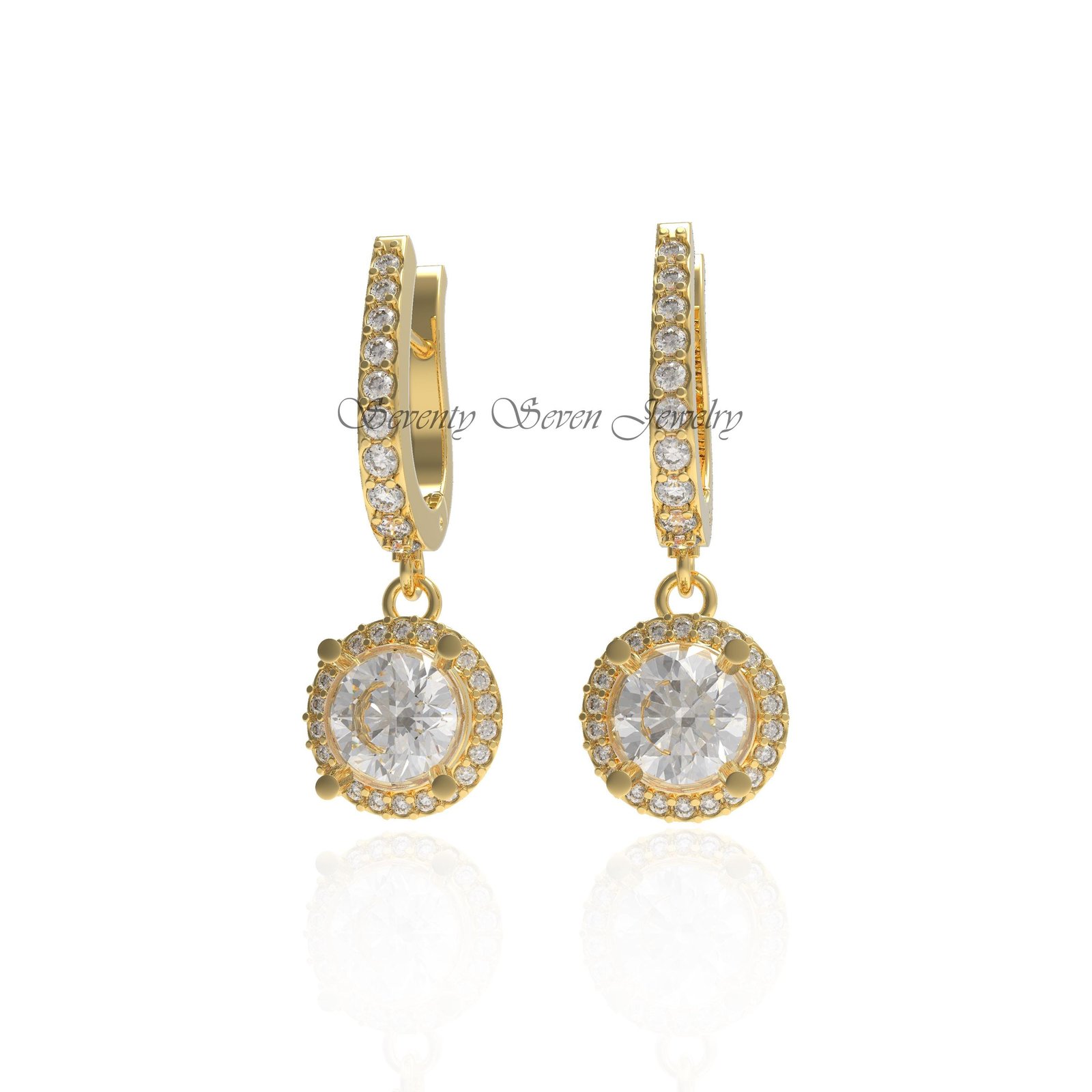 14K Gold Lab-Grown Diamond Halo Earrings | Petite Dangle Drop - Seventy Seven Jewelry | SKU: SSMJE1500- 14K Gold Lab-Grown Diamond Halo Earrings | Petite Dangle Drop - Seventy Seven Jewelry | SKU: SSMJE1500-