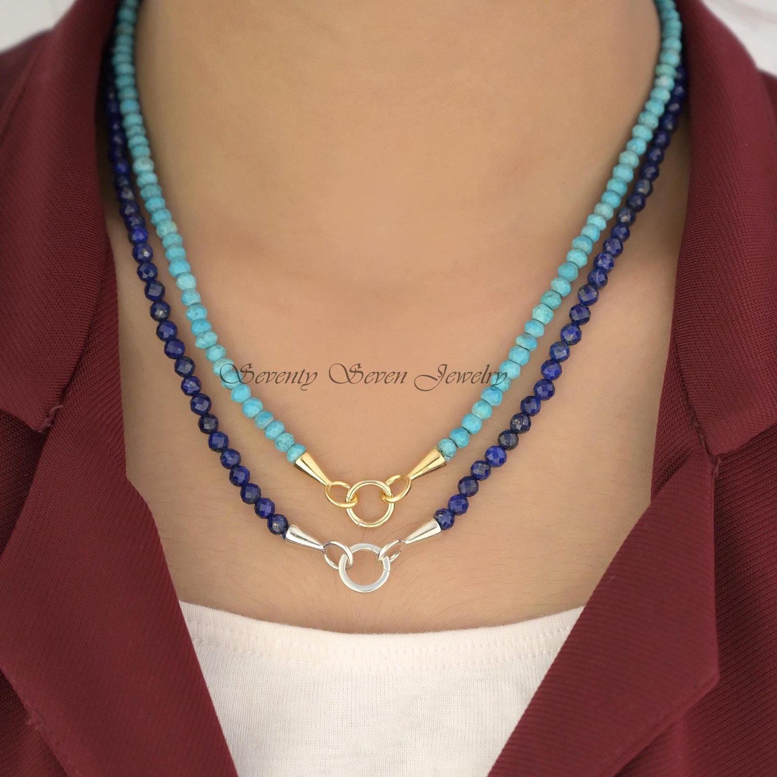 14k Gold Lapis Beads Chain Necklace: Charms Holder - View 2 - Seventy Seven Jewelry | SKU: SSMJF121-14KYG-2026,SSMJN247-14KYG 14k Gold Lapis Beads Chain Necklace: Charms Holder - View 2 - Seventy Seven Jewelry | SKU: SSMJF121-14KYG-2026,SSMJN247-14KYG