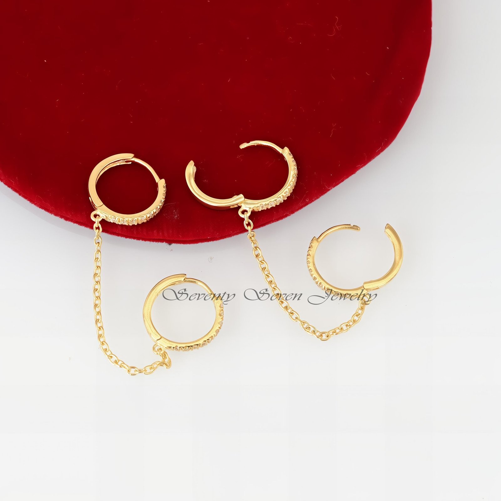 14K Gold Moissanite Chain Hoop Huggies: Dangle Earrings - Seventy Seven Jewelry | SKU: SSMJE1709-SLYGCZ-11M-2026 14K Gold Moissanite Chain Hoop Huggies: Dangle Earrings - Seventy Seven Jewelry | SKU: SSMJE1709-SLYGCZ-11M-2026