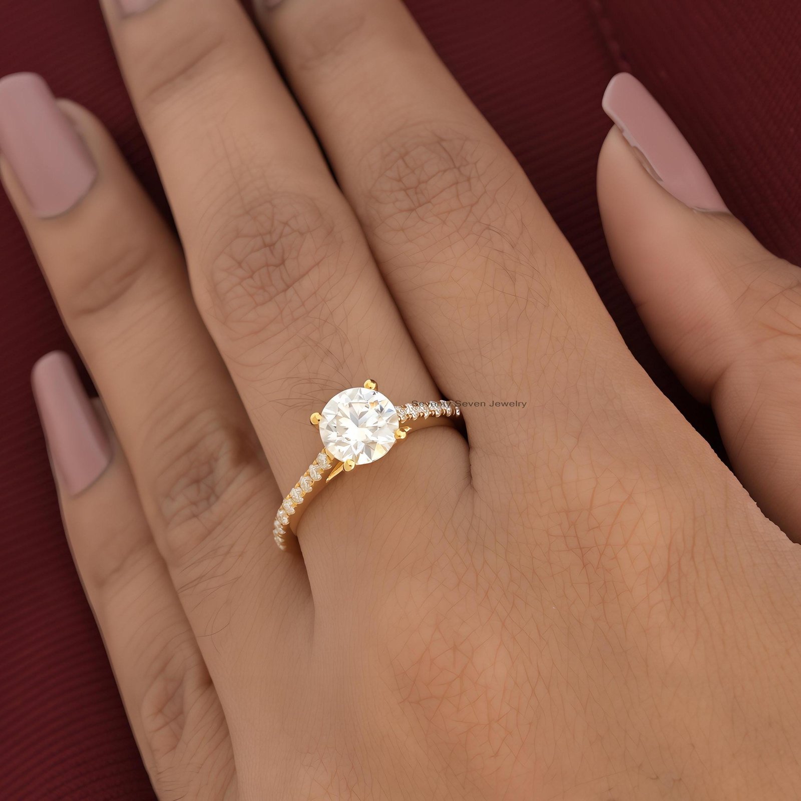14K Gold Moissanite Diamond Ring: Delicate Side-Stone Proposal Band - Seventy Seven Jewelry | SKU: MJR1927-14KYGMN-2026 14K Gold Moissanite Diamond Ring: Delicate Side-Stone Proposal Band - Seventy Seven Jewelry | SKU: MJR1927-14KYGMN-2026