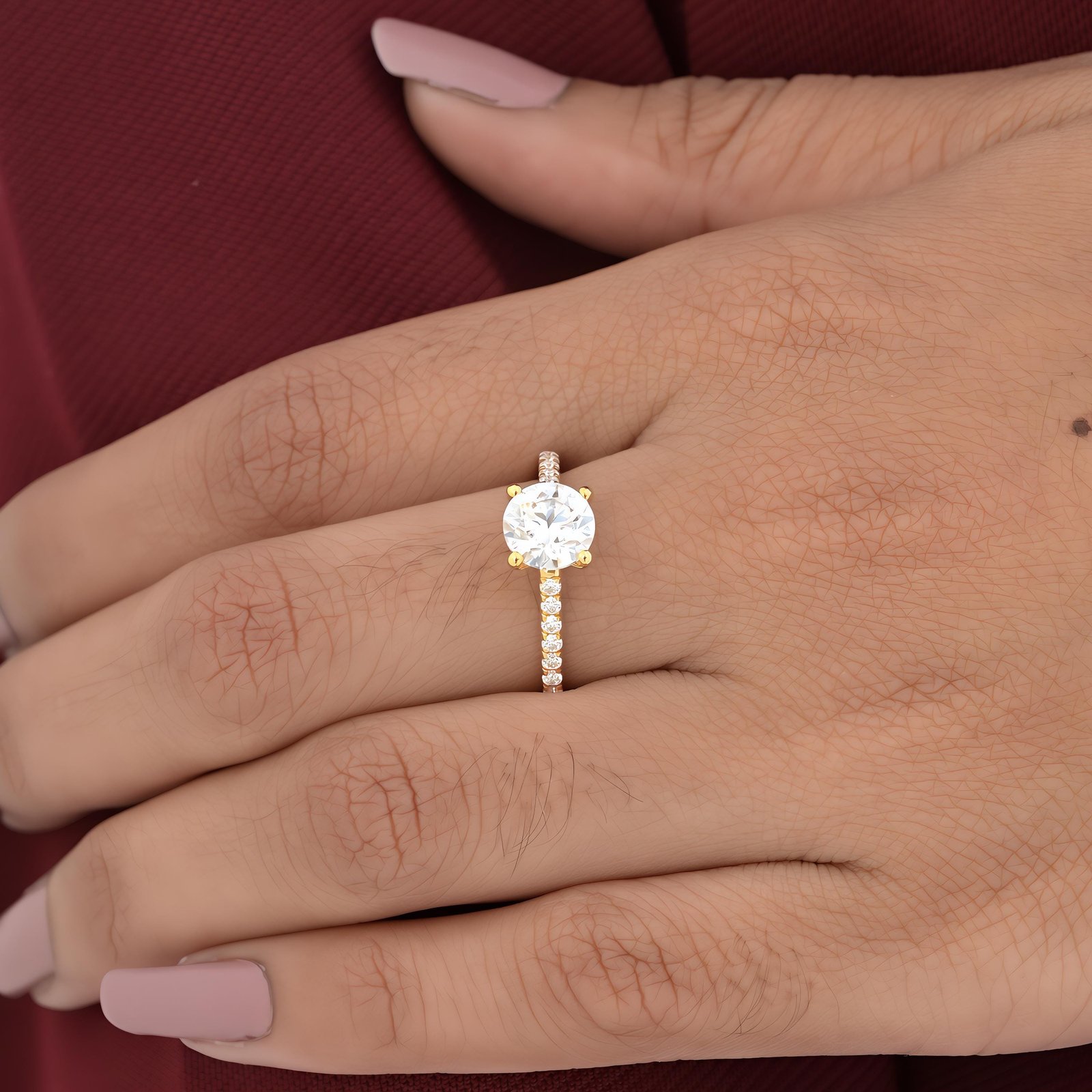 14K Gold Moissanite Diamond Ring: Delicate Side-Stone Proposal Band - View 2 - Seventy Seven Jewelry | SKU: MJR1927-14KYGMN-2 14K Gold Moissanite Diamond Ring: Delicate Side-Stone Proposal Band - View 2 - Seventy Seven Jewelry | SKU: MJR1927-14KYGMN-2
