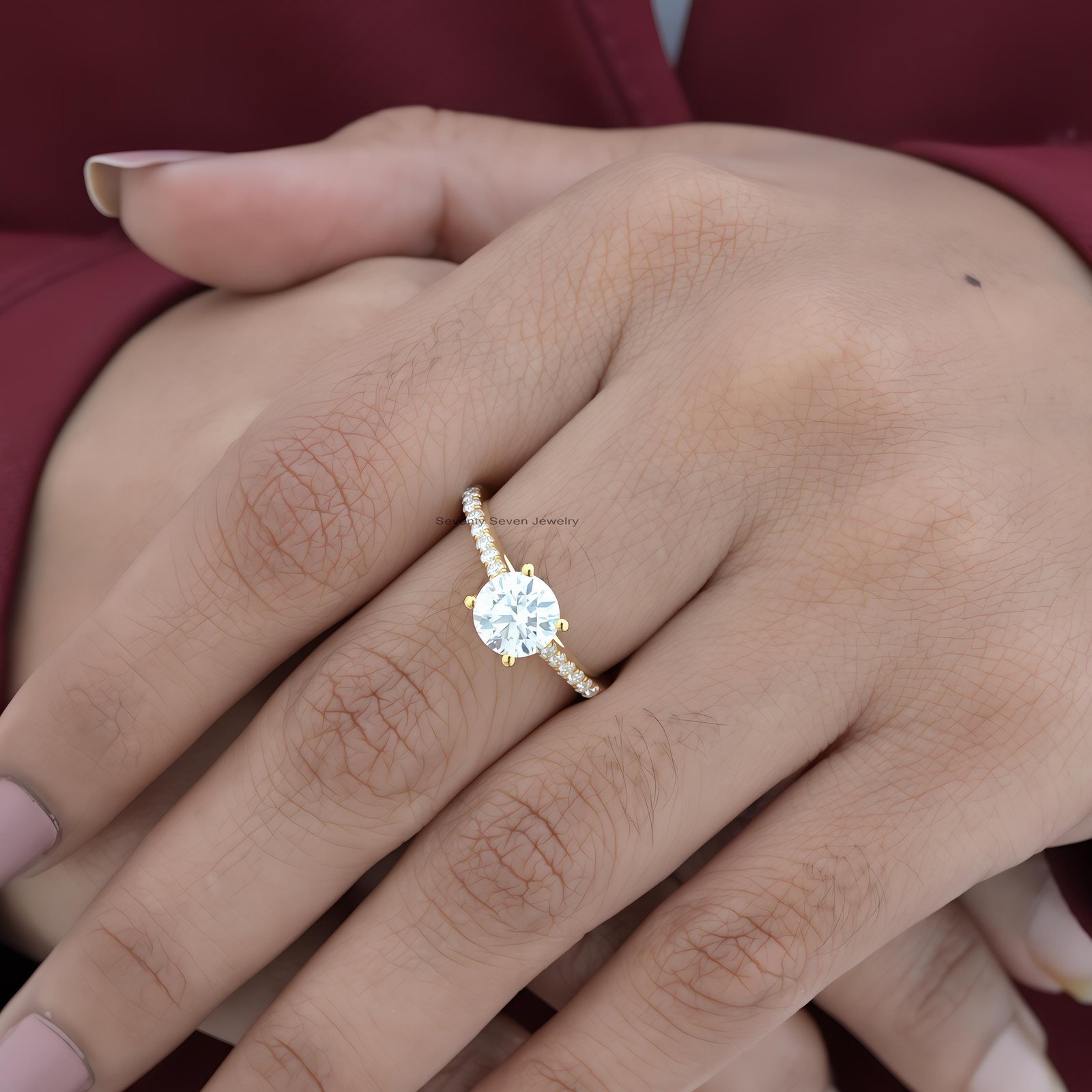 14K Gold Moissanite Diamond Ring: Delicate Side-Stone Proposal Band - View 3 - Seventy Seven Jewelry | SKU: MJR1927-14KYGMN-2 14K Gold Moissanite Diamond Ring: Delicate Side-Stone Proposal Band - View 3 - Seventy Seven Jewelry | SKU: MJR1927-14KYGMN-2