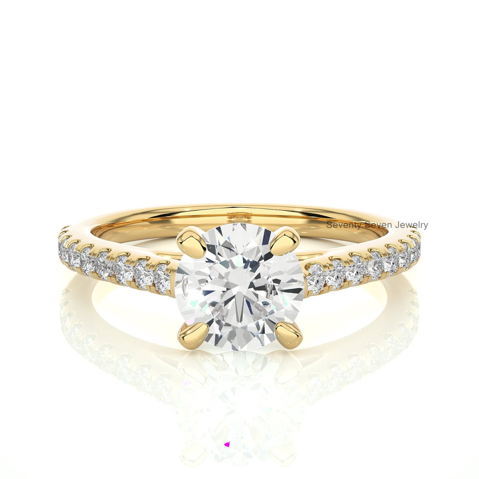 14K Gold Moissanite Diamond Ring: Delicate Side-Stone Proposal Band - View 4 - Seventy Seven Jewelry | SKU: MJR1927-14KYGMN-2 14K Gold Moissanite Diamond Ring: Delicate Side-Stone Proposal Band - View 4 - Seventy Seven Jewelry | SKU: MJR1927-14KYGMN-2