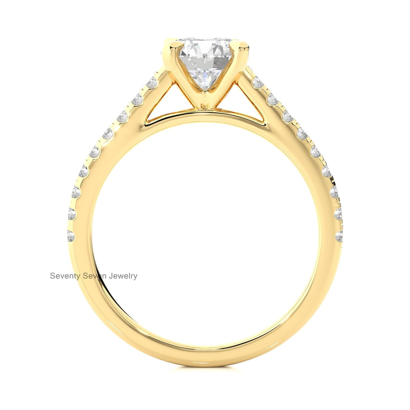 14K Gold Moissanite Diamond Ring: Delicate Side-Stone Proposal Band - View 5 - Seventy Seven Jewelry | SKU: MJR1927-14KYGMN-2 14K Gold Moissanite Diamond Ring: Delicate Side-Stone Proposal Band - View 5 - Seventy Seven Jewelry | SKU: MJR1927-14KYGMN-2