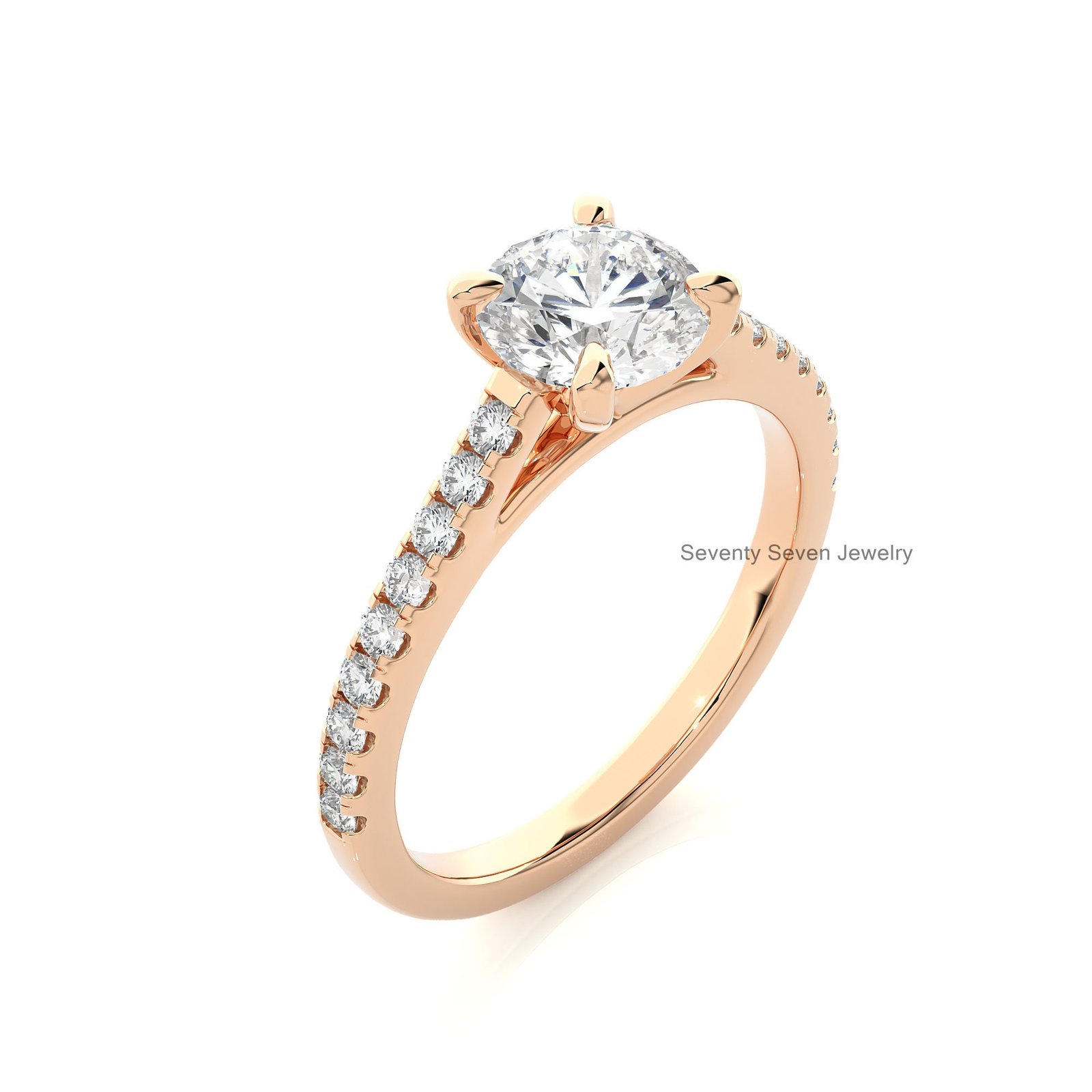14K Gold Moissanite Diamond Ring: Delicate Side-Stone Proposal Band - View 6 - Seventy Seven Jewelry | SKU: MJR1927-14KYGMN-2 14K Gold Moissanite Diamond Ring: Delicate Side-Stone Proposal Band - View 6 - Seventy Seven Jewelry | SKU: MJR1927-14KYGMN-2