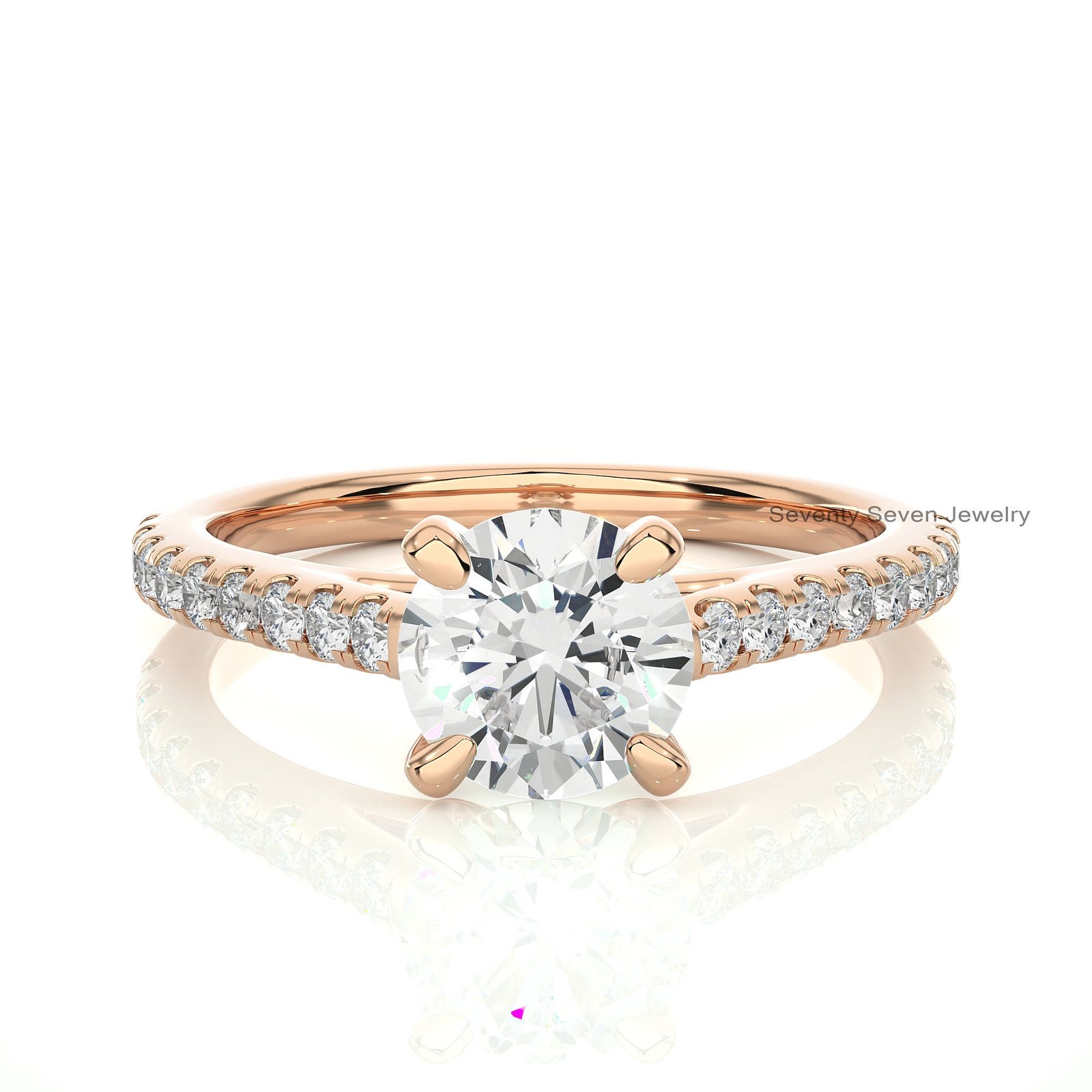 14K Gold Moissanite Diamond Ring: Delicate Side-Stone Proposal Band - View 7 - Seventy Seven Jewelry | SKU: MJR1927-14KYGMN-2 14K Gold Moissanite Diamond Ring: Delicate Side-Stone Proposal Band - View 7 - Seventy Seven Jewelry | SKU: MJR1927-14KYGMN-2