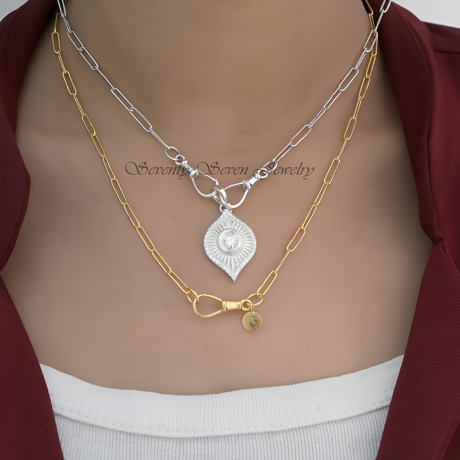 14K Gold Moissanite Evil Eye Pendant: Fluted Protection Charm - View 2 - Seventy Seven Jewelry | SKU: SSMJP2510-SLYGMN-1\2026 14K Gold Moissanite Evil Eye Pendant: Fluted Protection Charm - View 2 - Seventy Seven Jewelry | SKU: SSMJP2510-SLYGMN-1\2026