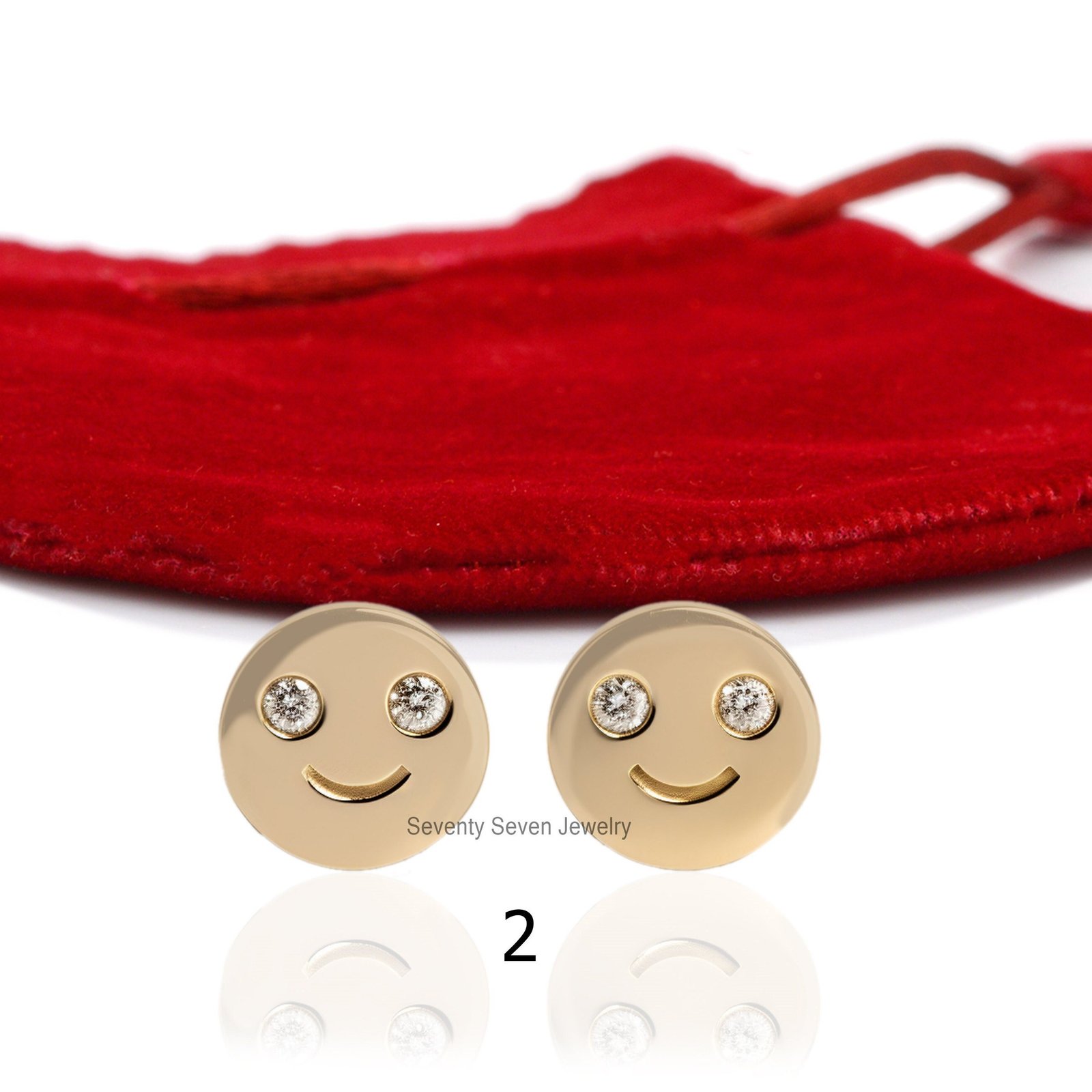 14K Gold Moissanite Happy Face Stud Earrings - View 2 - Seventy Seven Jewelry | SKU: MJE1358-14KYGMN,MJE1359-14KYGMN,MJE1360- 14K Gold Moissanite Happy Face Stud Earrings - View 2 - Seventy Seven Jewelry | SKU: MJE1358-14KYGMN,MJE1359-14KYGMN,MJE1360-