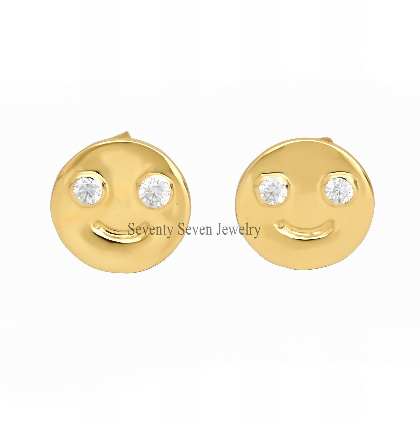 14K Gold Moissanite Happy Face Stud Earrings - View 5 - Seventy Seven Jewelry | SKU: MJE1358-14KYGMN,MJE1359-14KYGMN,MJE1360- 14K Gold Moissanite Happy Face Stud Earrings - View 5 - Seventy Seven Jewelry | SKU: MJE1358-14KYGMN,MJE1359-14KYGMN,MJE1360-