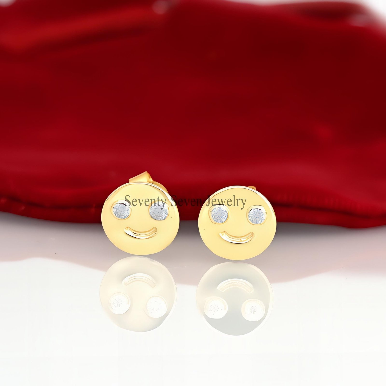 14K Gold Moissanite Happy Face Stud Earrings - View 6 - Seventy Seven Jewelry | SKU: MJE1358-14KYGMN,MJE1359-14KYGMN,MJE1360- 14K Gold Moissanite Happy Face Stud Earrings - View 6 - Seventy Seven Jewelry | SKU: MJE1358-14KYGMN,MJE1359-14KYGMN,MJE1360-