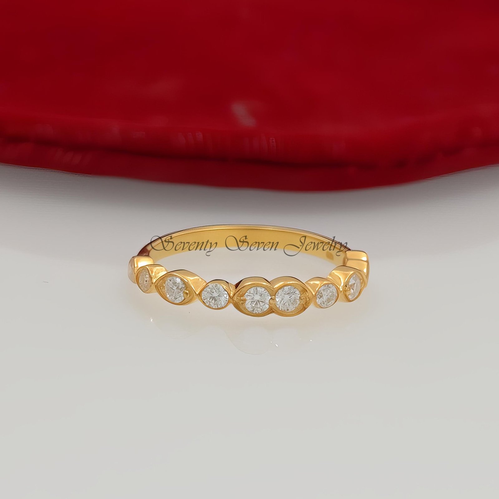 14K Gold Moissanite Wedding Band: Bezel Set Eternity Ring - Seventy Seven Jewelry | SKU: MJR1894-14KYGMN-2026 14K Gold Moissanite Wedding Band: Bezel Set Eternity Ring - Seventy Seven Jewelry | SKU: MJR1894-14KYGMN-2026