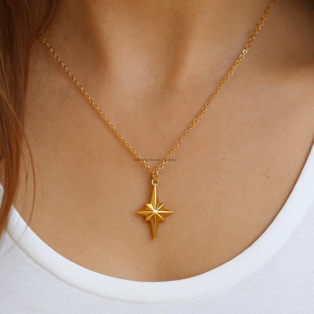14K Gold North Star Pendant, Sterling Silver Necklace (20 MM) - Seventy Seven Jewelry | SKU: SSMJP 14K Gold North Star Pendant, Sterling Silver Necklace (20 MM) - Seventy Seven Jewelry | SKU: SSMJP