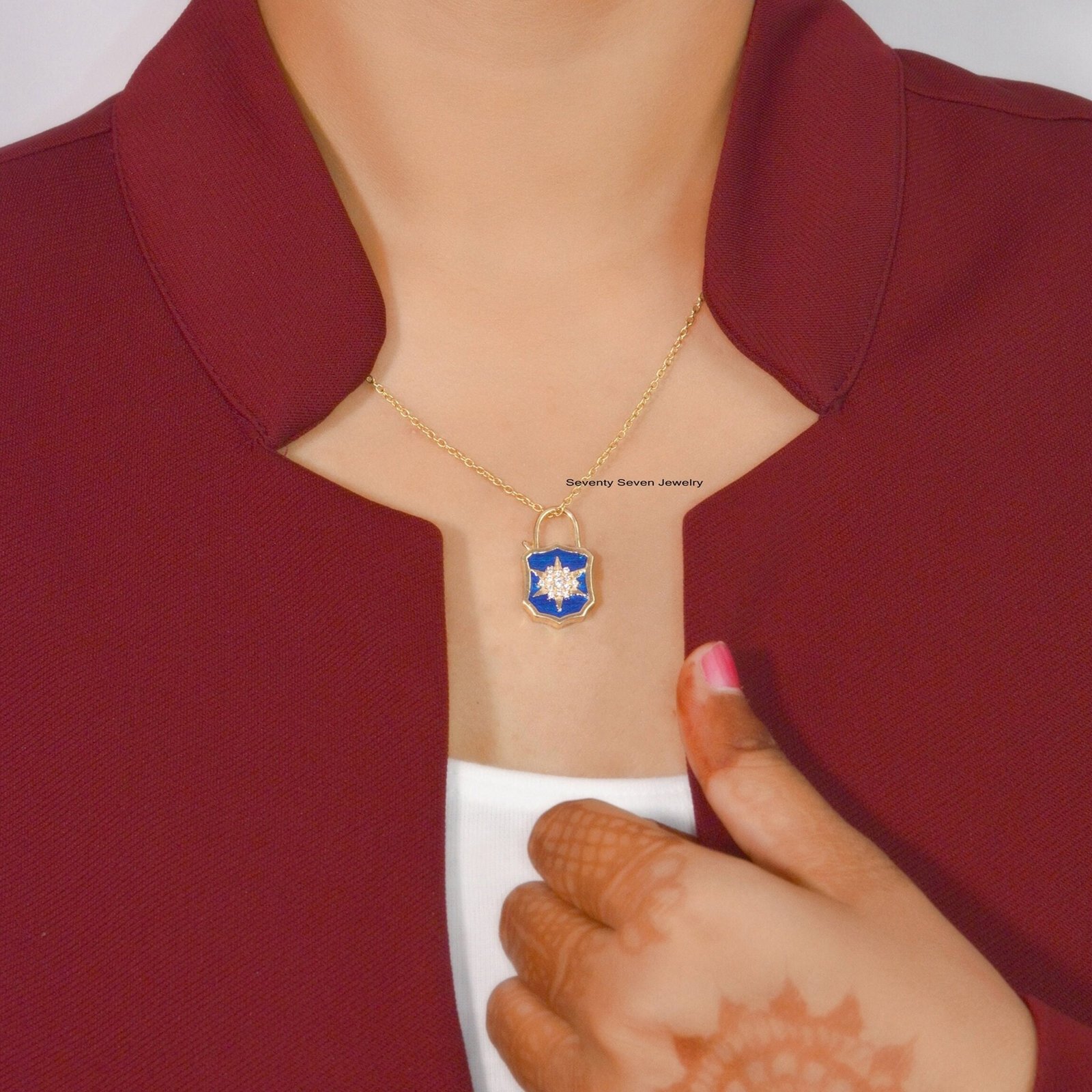 14K Gold Padlock Pendant: Blue Enamel Starburst, Dainty Connector - Seventy Seven Jewelry | SKU: SSMJP499-14KYGELBKDI-2026,SS 14K Gold Padlock Pendant: Blue Enamel Starburst, Dainty Connector - Seventy Seven Jewelry | SKU: SSMJP499-14KYGELBKDI-2026,SS