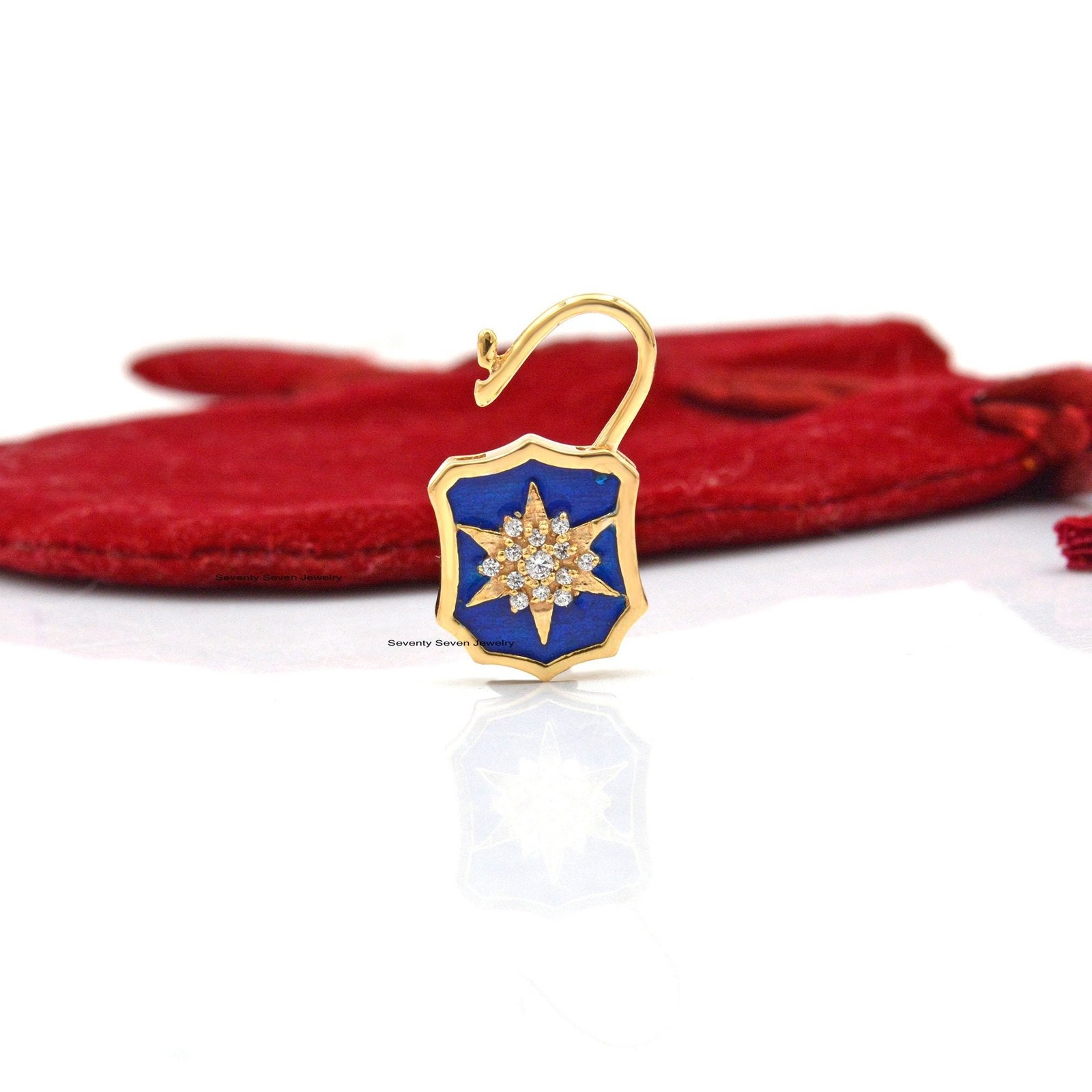 14K Gold Padlock Pendant: Blue Enamel Starburst, Dainty Connector - View 2 - Seventy Seven Jewelry | SKU: SSMJP499-14KYGELBKD 14K Gold Padlock Pendant: Blue Enamel Starburst, Dainty Connector - View 2 - Seventy Seven Jewelry | SKU: SSMJP499-14KYGELBKD