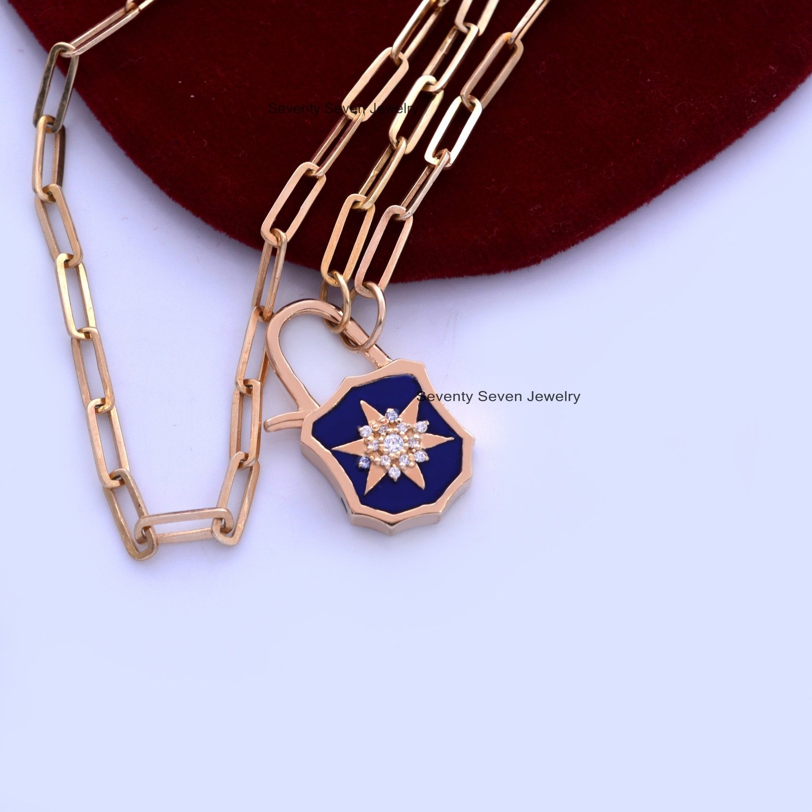 14K Gold Padlock Pendant: Blue Enamel Starburst, Dainty Connector - View 4 - Seventy Seven Jewelry | SKU: SSMJP499-14KYGELBKD 14K Gold Padlock Pendant: Blue Enamel Starburst, Dainty Connector - View 4 - Seventy Seven Jewelry | SKU: SSMJP499-14KYGELBKD