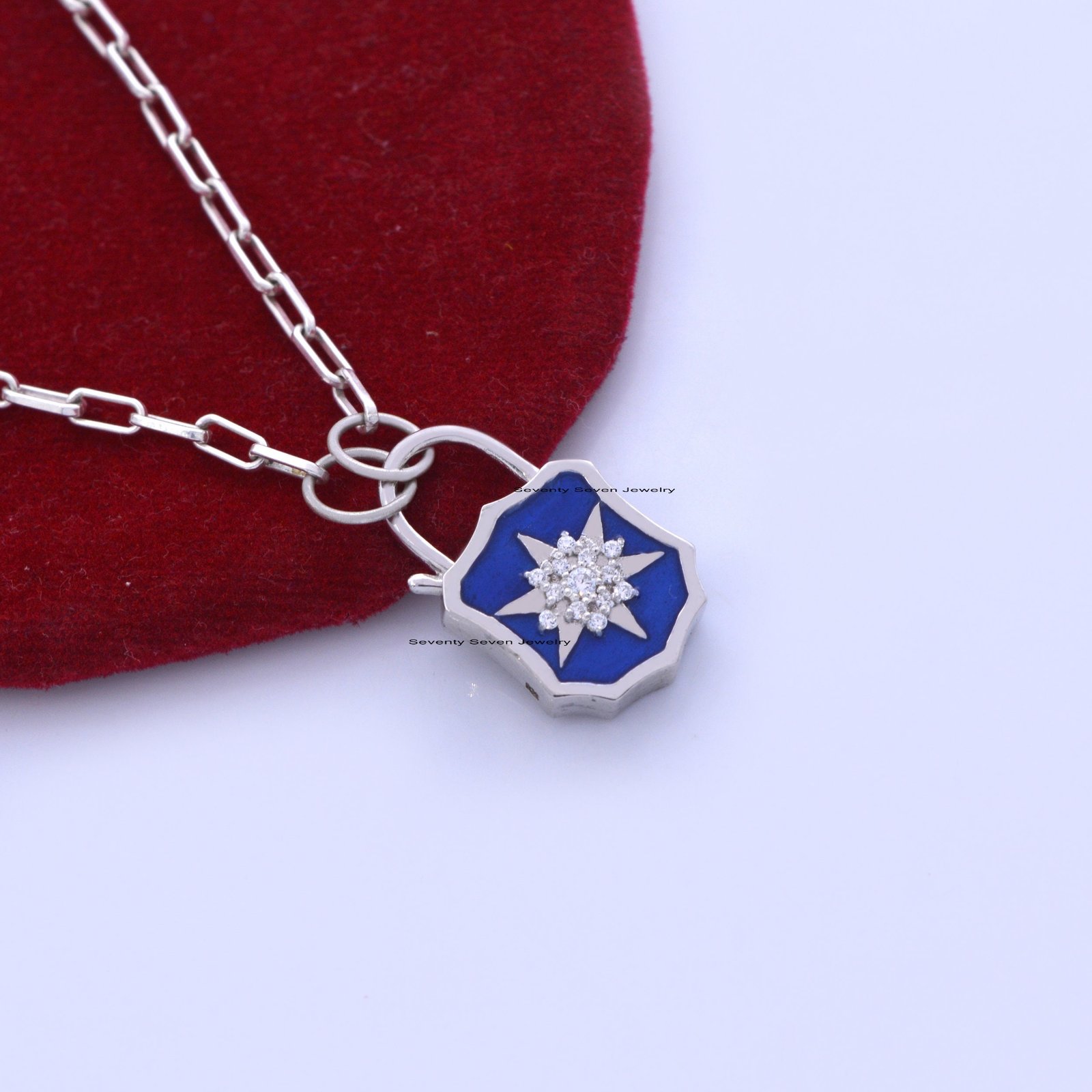 14K Gold Padlock Pendant: Blue Enamel Starburst, Dainty Connector - View 5 - Seventy Seven Jewelry | SKU: SSMJP499-14KYGELBKD 14K Gold Padlock Pendant: Blue Enamel Starburst, Dainty Connector - View 5 - Seventy Seven Jewelry | SKU: SSMJP499-14KYGELBKD
