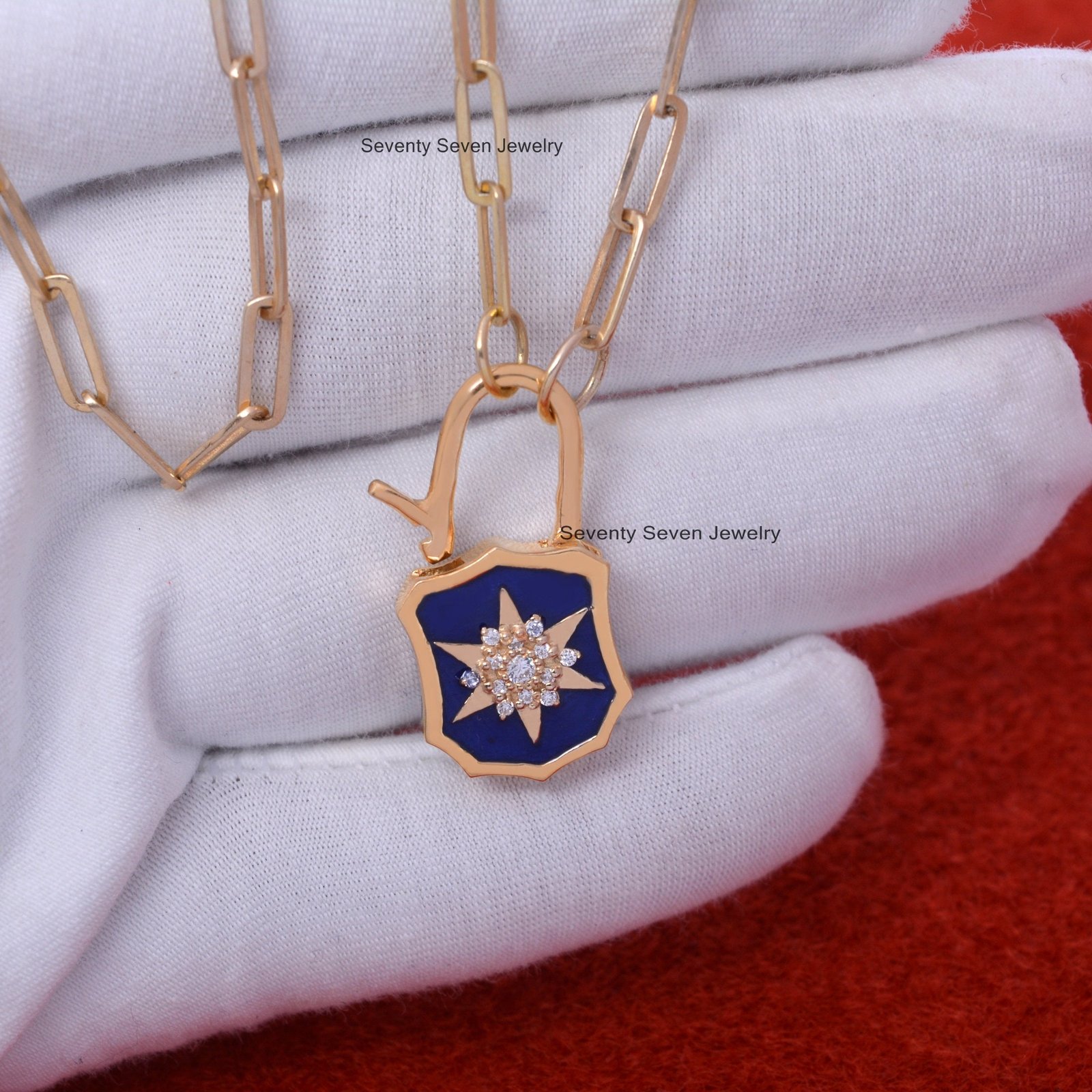 14K Gold Padlock Pendant: Blue Enamel Starburst, Dainty Connector - View 6 - Seventy Seven Jewelry | SKU: SSMJP499-14KYGELBKD 14K Gold Padlock Pendant: Blue Enamel Starburst, Dainty Connector - View 6 - Seventy Seven Jewelry | SKU: SSMJP499-14KYGELBKD