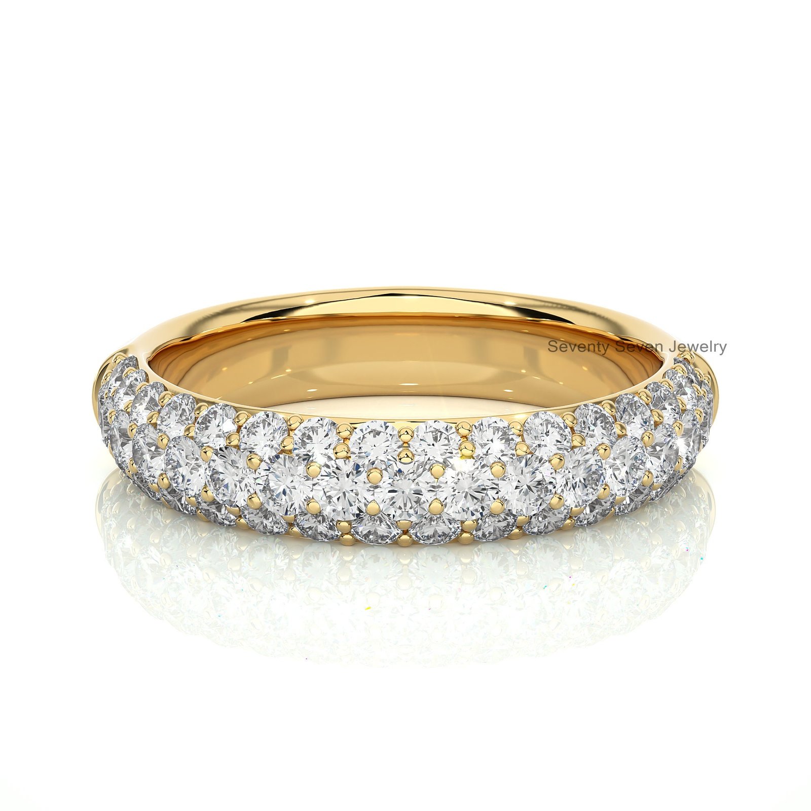14K Gold Pave Moissanite Ring: Wide Three-Row Eternity Band - View 2 - Seventy Seven Jewelry | SKU: MJR1912-14KYGMN-2026 14K Gold Pave Moissanite Ring: Wide Three-Row Eternity Band - View 2 - Seventy Seven Jewelry | SKU: MJR1912-14KYGMN-2026