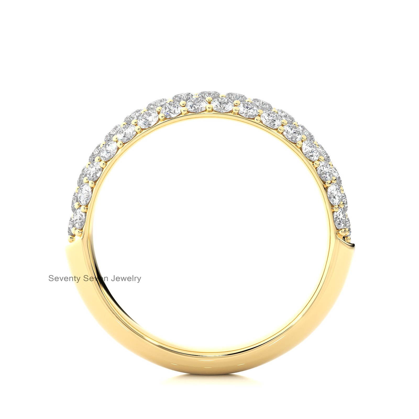 14K Gold Pave Moissanite Ring: Wide Three-Row Eternity Band - View 3 - Seventy Seven Jewelry | SKU: MJR1912-14KYGMN-2026 14K Gold Pave Moissanite Ring: Wide Three-Row Eternity Band - View 3 - Seventy Seven Jewelry | SKU: MJR1912-14KYGMN-2026