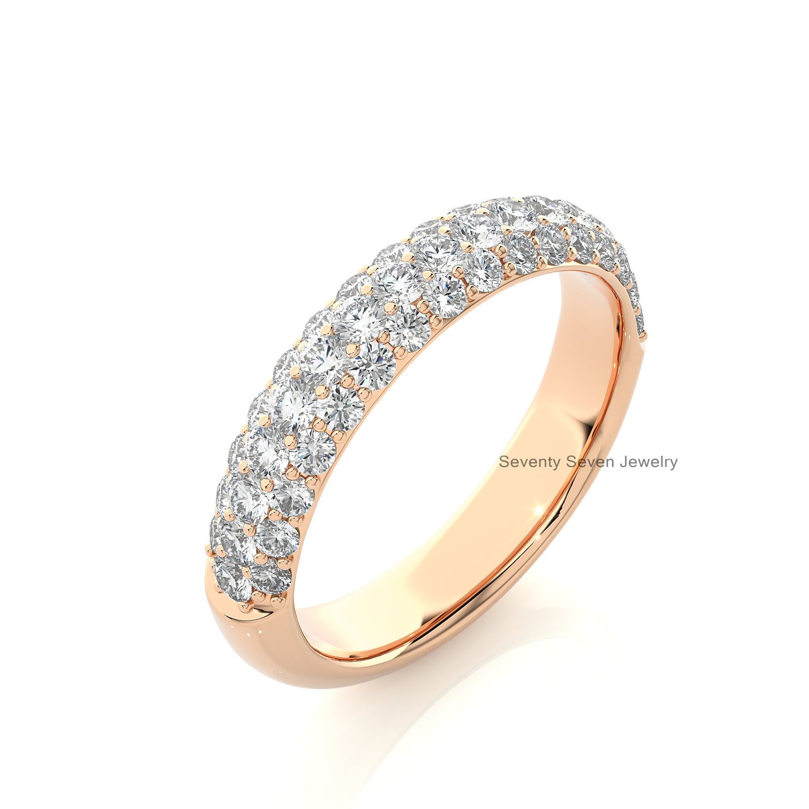 14K Gold Pave Moissanite Ring: Wide Three-Row Eternity Band - View 5 - Seventy Seven Jewelry | SKU: MJR1912-14KYGMN-2026 14K Gold Pave Moissanite Ring: Wide Three-Row Eternity Band - View 5 - Seventy Seven Jewelry | SKU: MJR1912-14KYGMN-2026