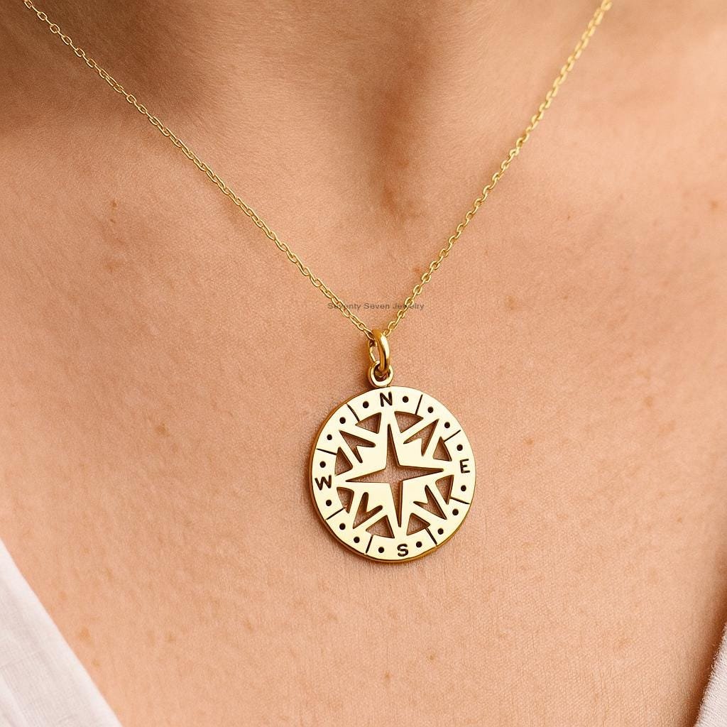 14K Gold Plated Compass Pendant, Sterling Silver North Star Charm - Seventy Seven Jewelry | SKU: SSMJP 14K Gold Plated Compass Pendant, Sterling Silver North Star Charm - Seventy Seven Jewelry | SKU: SSMJP