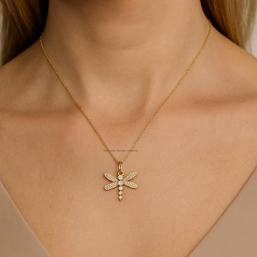 14K Gold Plated Dragonfly Pendant, Gemstone Insect Charm - Seventy Seven Jewelry | SKU: SSMJP- 14K Gold Plated Dragonfly Pendant, Gemstone Insect Charm - Seventy Seven Jewelry | SKU: SSMJP-