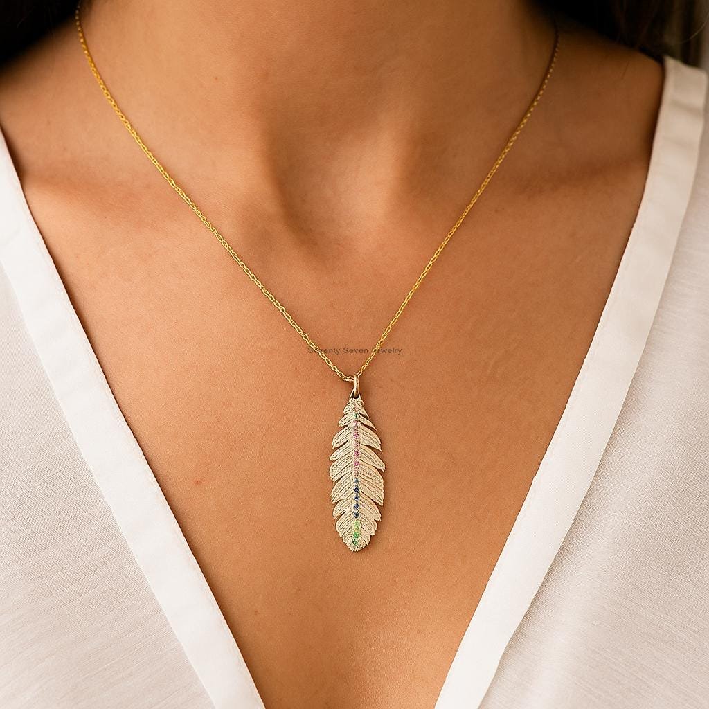 14K Gold Plated Feather Pendant, Gemstone Accent, 925 Silver - Seventy Seven Jewelry | SKU: SSMJP- 14K Gold Plated Feather Pendant, Gemstone Accent, 925 Silver - Seventy Seven Jewelry | SKU: SSMJP-