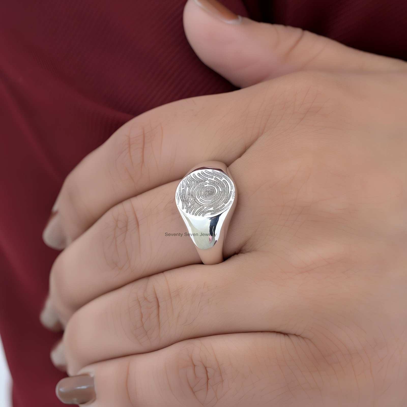 14K Gold Plated Fingerprint Ring: Personalized Memorial Jewelry - Seventy Seven Jewelry | SKU: SSMJR2820-SLNS-US-9 14K Gold Plated Fingerprint Ring: Personalized Memorial Jewelry - Seventy Seven Jewelry | SKU: SSMJR2820-SLNS-US-9