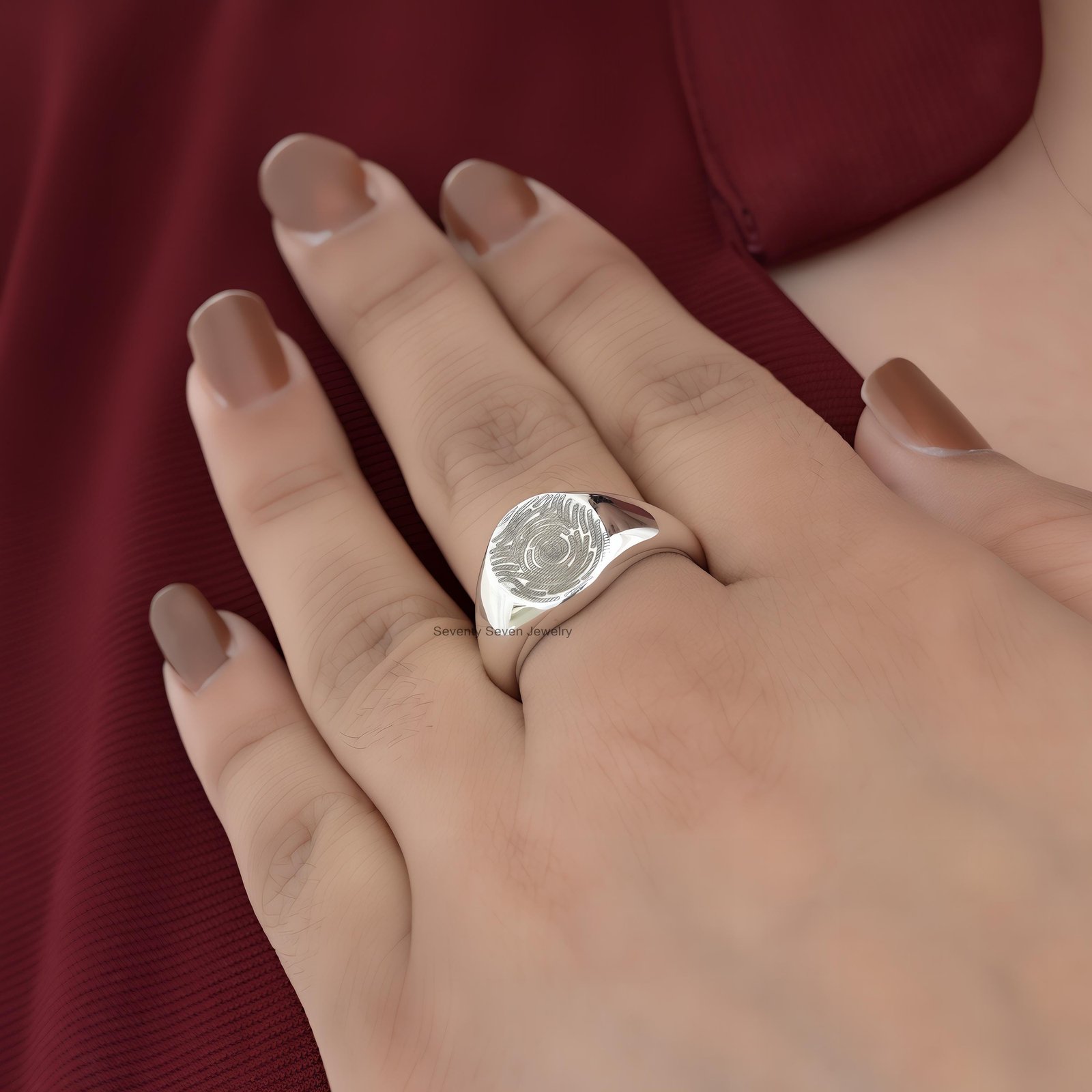 14K Gold Plated Fingerprint Ring: Personalized Memorial Jewelry - View 2 - Seventy Seven Jewelry | SKU: SSMJR2820-SLNS-US-9 14K Gold Plated Fingerprint Ring: Personalized Memorial Jewelry - View 2 - Seventy Seven Jewelry | SKU: SSMJR2820-SLNS-US-9
