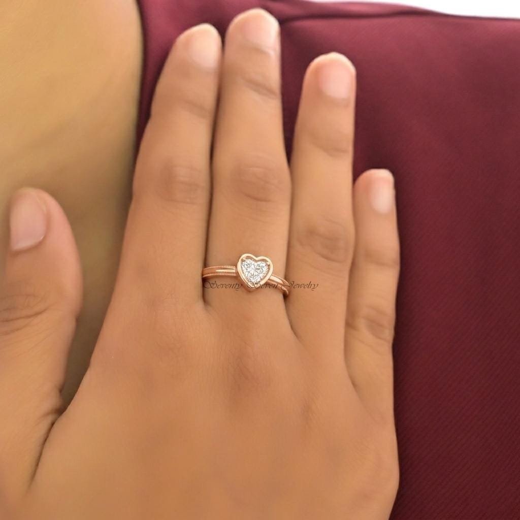 14K Gold Plated Heart Moissanite Ring, Heart Solitaire Ring, Romantic Promise Ring, Dainty Engagement Ring, Gift for Her - Vi 14K Gold Plated Heart Moissanite Ring, Heart Solitaire Ring, Romantic Promise Ring, Dainty Engagement Ring, Gift for Her - Vi