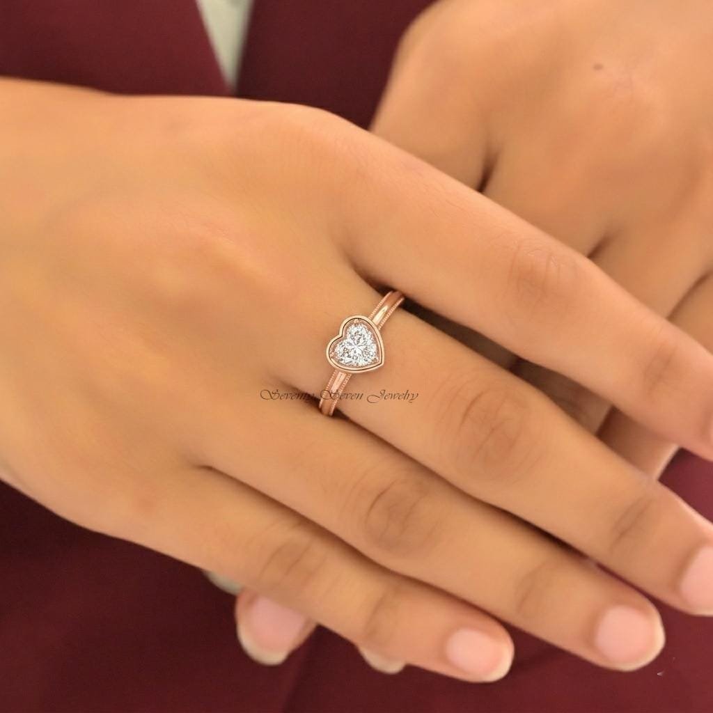 14K Gold Plated Heart Moissanite Ring, Heart Solitaire Ring, Romantic Promise Ring, Dainty Engagement Ring, Gift for Her - Vi 14K Gold Plated Heart Moissanite Ring, Heart Solitaire Ring, Romantic Promise Ring, Dainty Engagement Ring, Gift for Her - Vi
