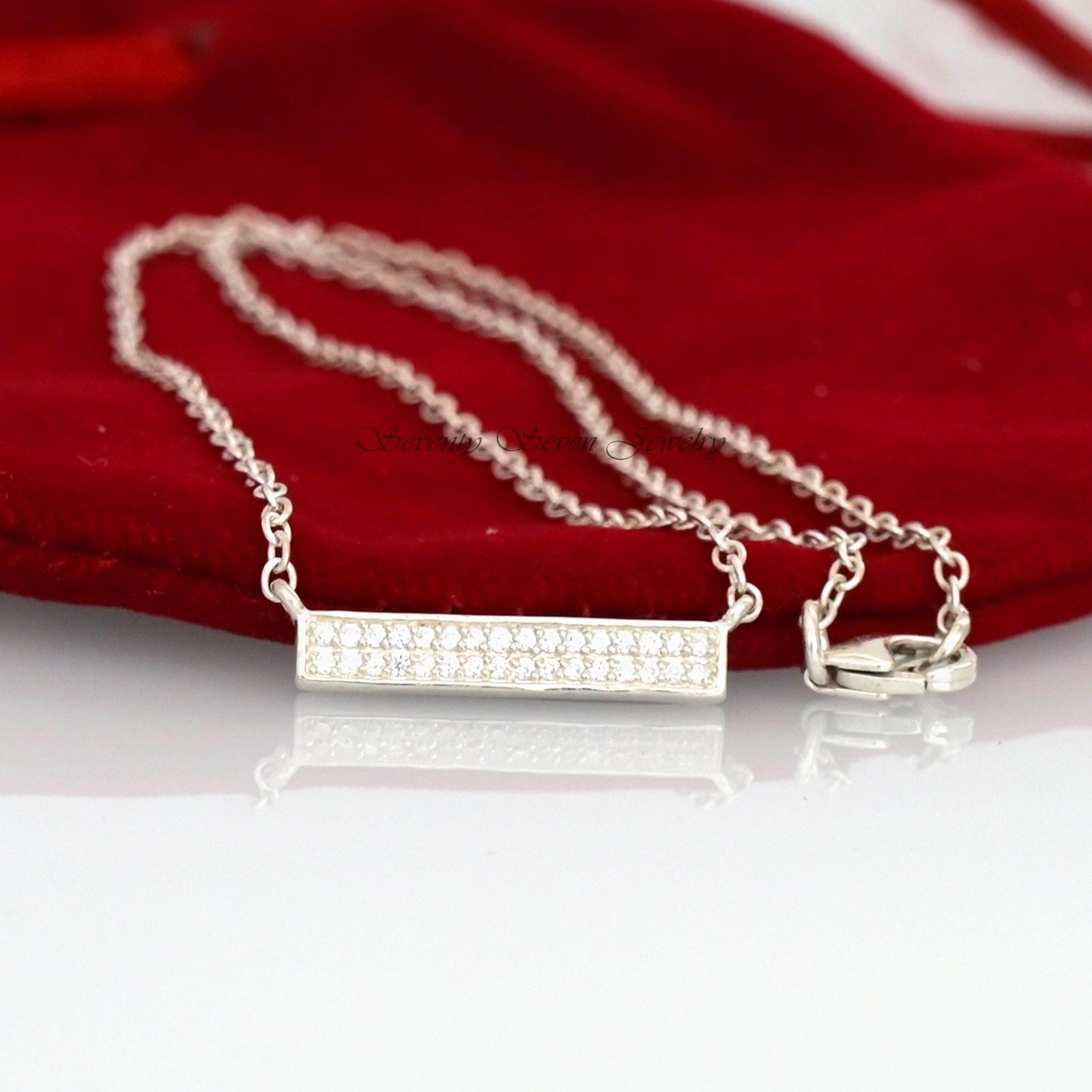 14K Gold Plated Moissanite Bar Necklace: Dainty Rectangle Charm - Seventy Seven Jewelry | SKU: SSMJN1051-SLNSMN-14I 14K Gold Plated Moissanite Bar Necklace: Dainty Rectangle Charm - Seventy Seven Jewelry | SKU: SSMJN1051-SLNSMN-14I