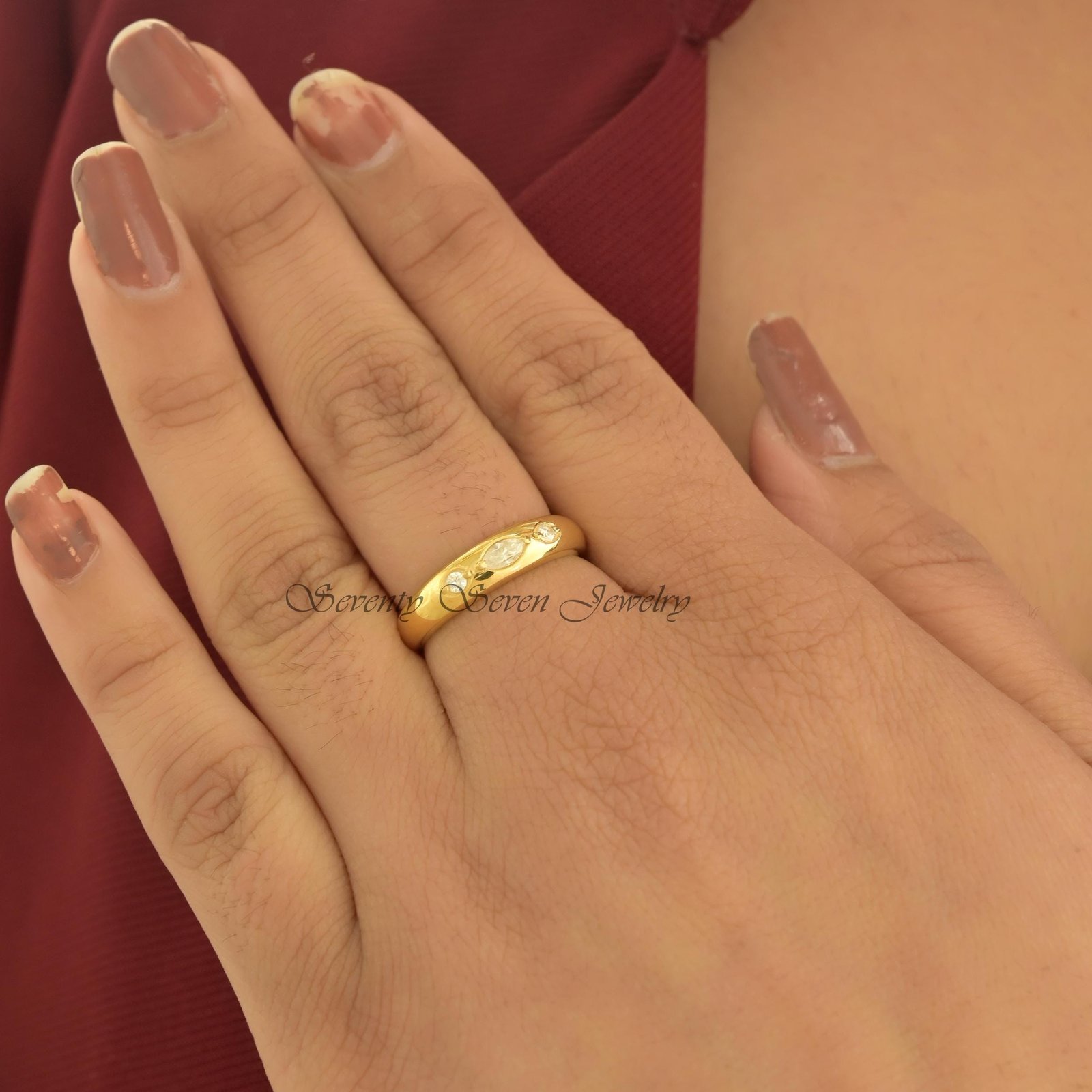 14K Gold Plated Moissanite Bombe Ring: Chunky Dome Band - Seventy Seven Jewelry | SKU: SSMJR2709-SLNSMN-US-4 14K Gold Plated Moissanite Bombe Ring: Chunky Dome Band - Seventy Seven Jewelry | SKU: SSMJR2709-SLNSMN-US-4